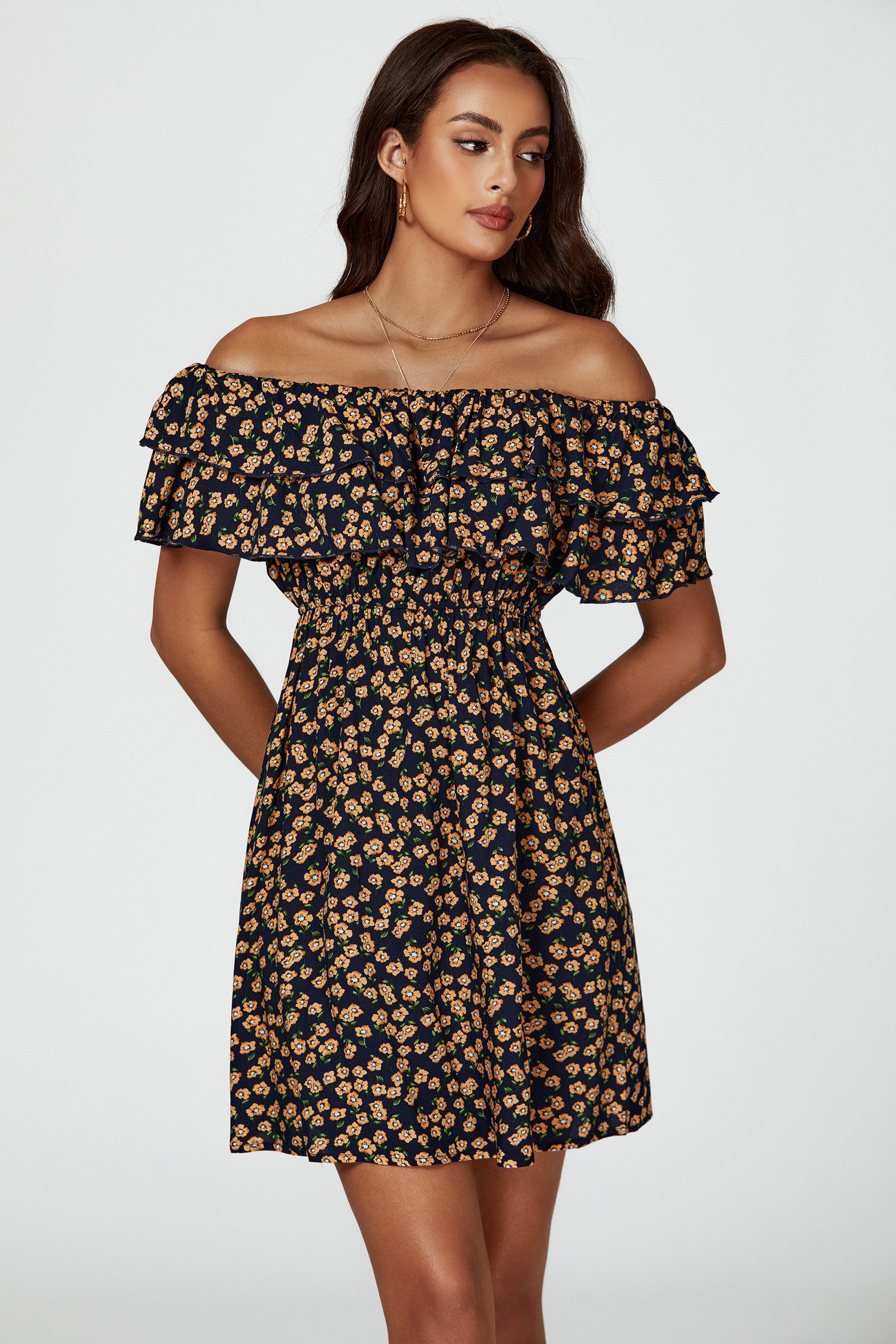 FS Collection Minikleid Damen Minikleid Bardotkleid Sommerkleid Partykleid Off Shoulder (XS (EU:36 / UK:8) · S (EU:38 / UK:10) · M (EU:40 / UK:12) · L (EU:42 / UK:14) · XL (EU:44 / UK:16), 4 Farben: Staubblau, Schwarz-Gelb, Schwarz-Rosa und Rot) Schwarz-Gelb/-Rosa 100% Viskose, Blau/Rot 100% Polyester