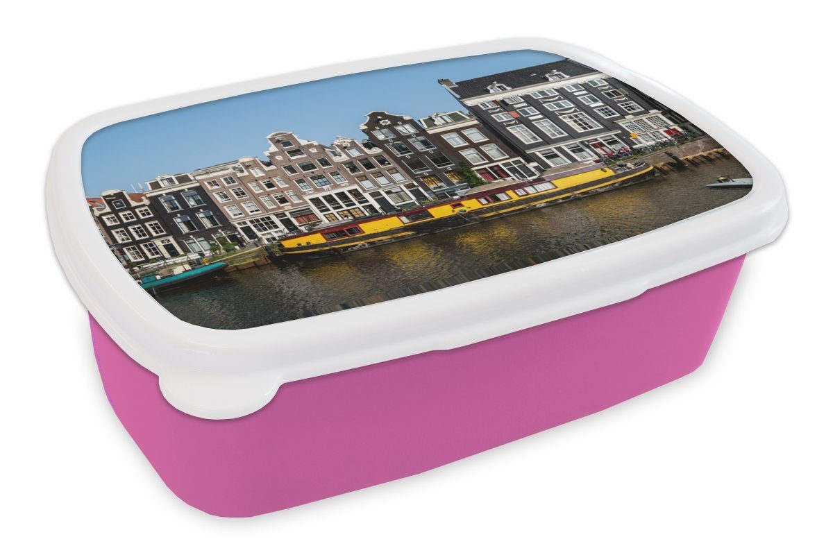 Hausboot Mädchen, Kunststoff, Kunststoff in Kinder, von MuchoWow Amsterdam, Snackbox, der Brotbox Gracht gelbes Brotdose Erwachsene, (2-tlg), Ein für rosa Lunchbox