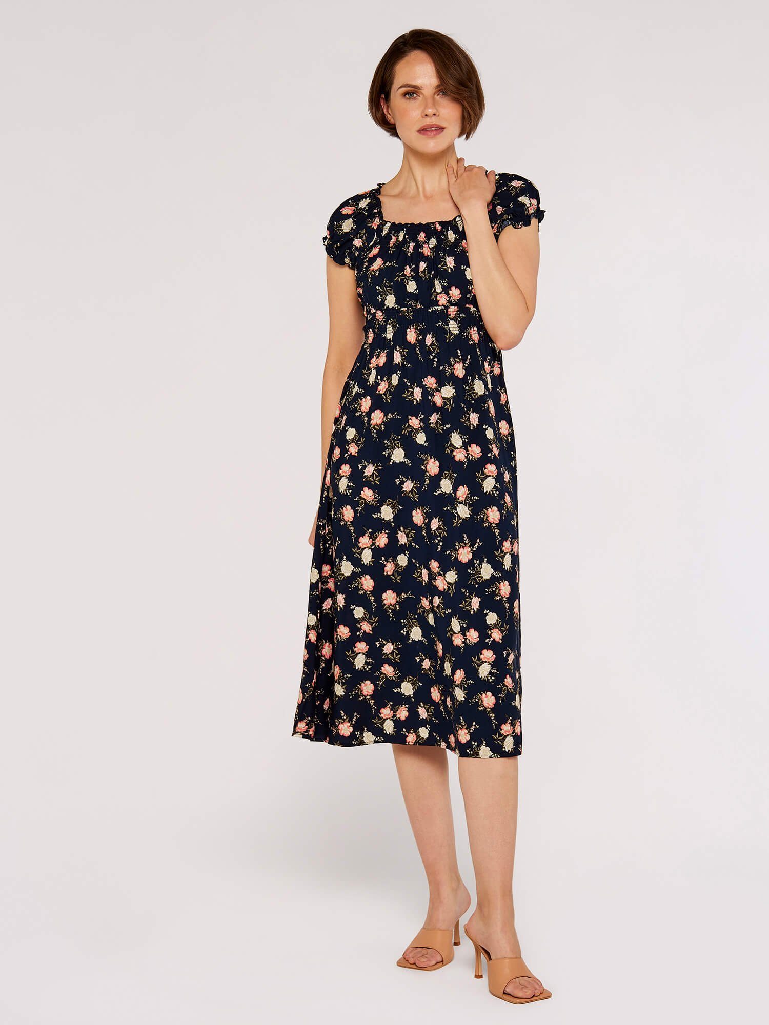 Apricot Midikleid Vintage Rose Milchmädchen-Kleid mit Smokdetails