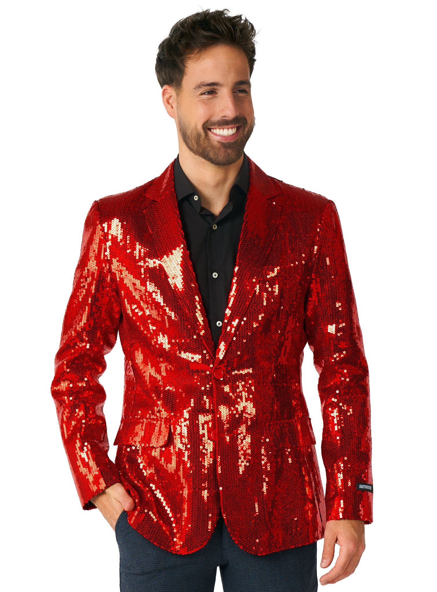SuitMeister Kostüm SuitMeister Glitzerjacke rot, Eine rote Discokugel zum Anziehen!