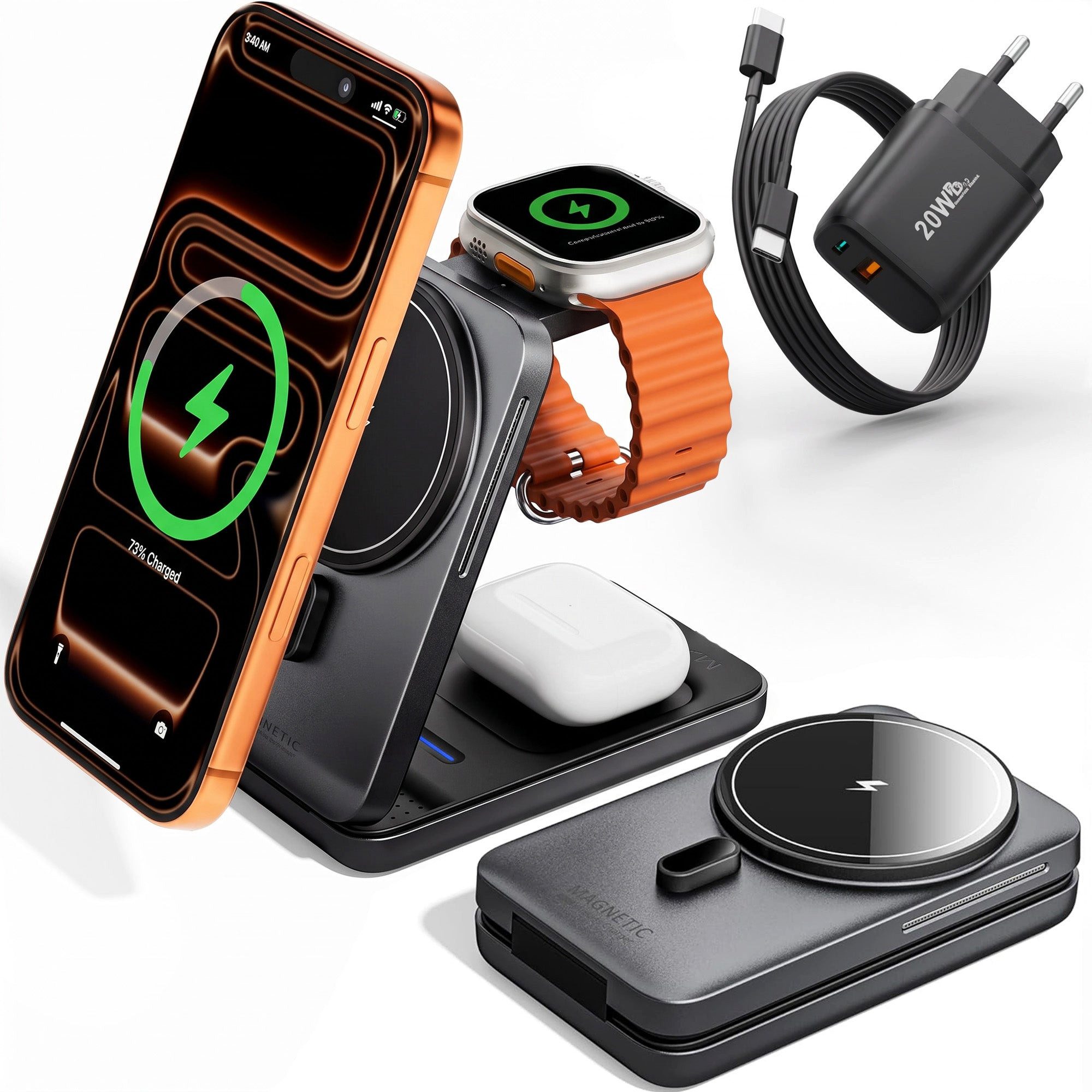 GreenHec Ladestation 3in1 MagSafe iPhone Apple Watch Ladegerät Faltbar Wireless Charger (0 mA, Spar-Set, Wireless Charging Station + Kabel, 15W, Handy Charging Station Airpods Qi2, iPhone 17 16 15 14 13 12)
