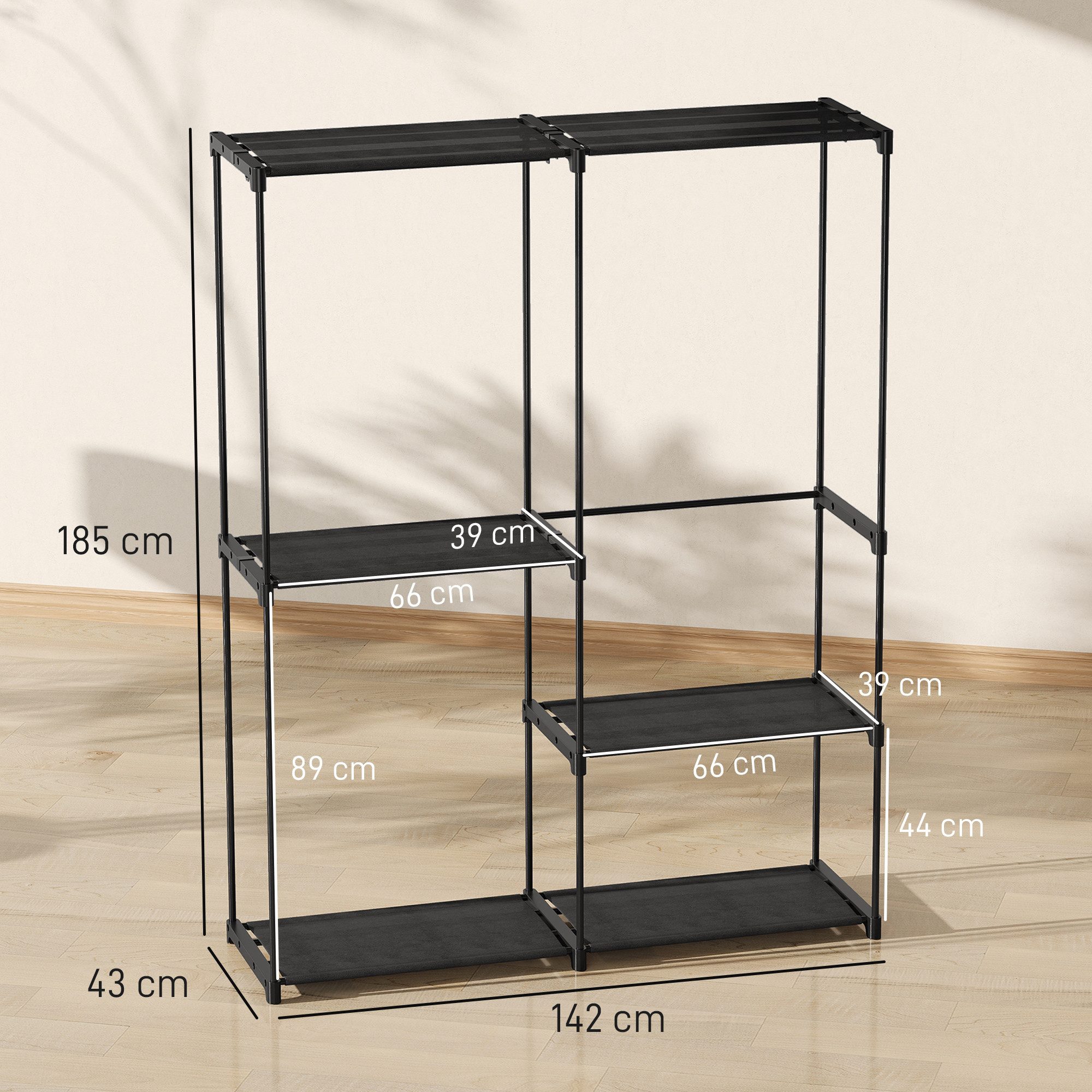 HOMCOM Stoffschrank Kleiderschrank mit Kleiderstange, Ablagen, Stoffkleiderschrank (Kleiderschrank, 1-St., Garderobe aus Stoff) Staubschutz, Schwarz – Bild 3 von 5