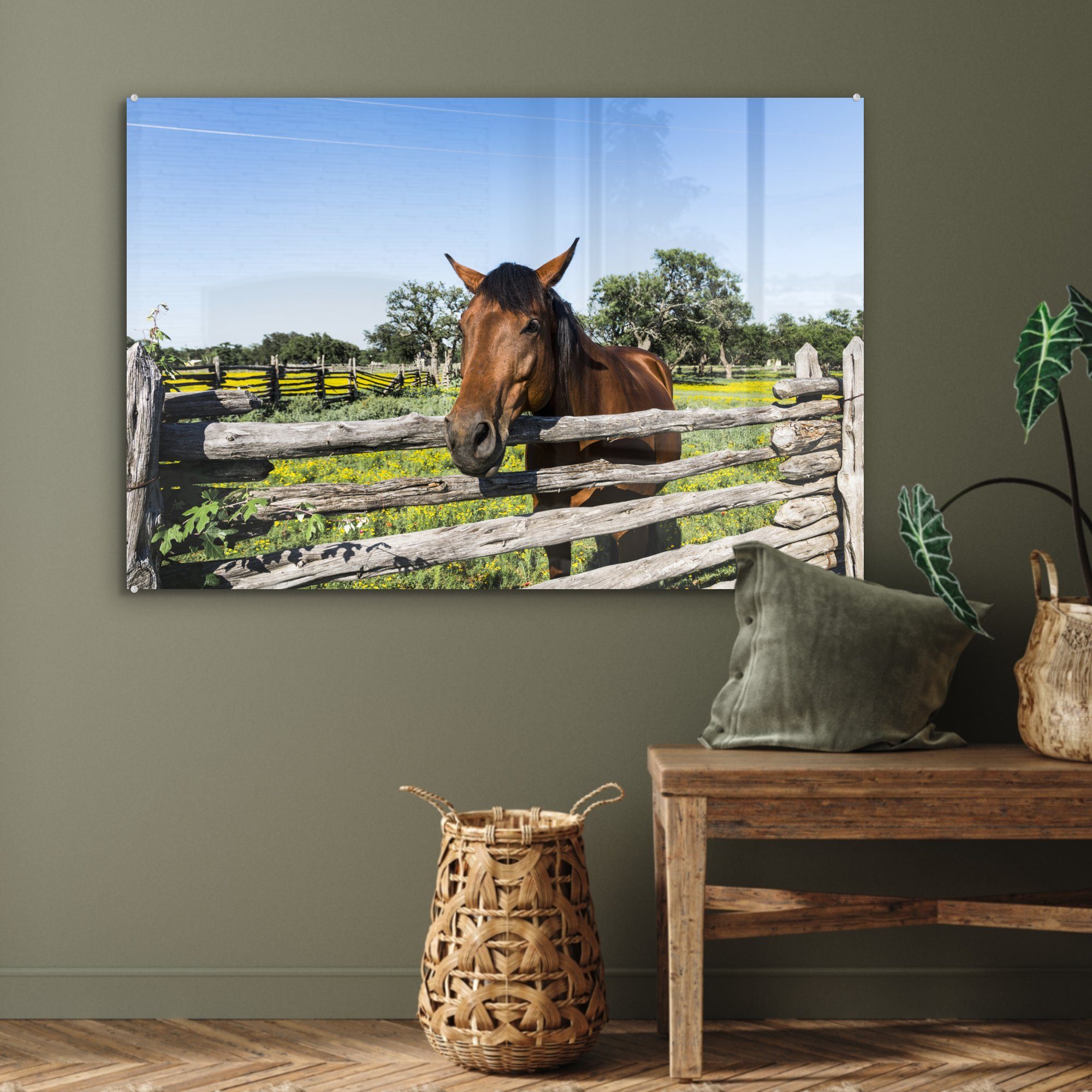 MuchoWow Acrylglasbild Acrylglasbilder & - Zaun, Pferde St), Schlafzimmer Wohnzimmer Tiere - (1