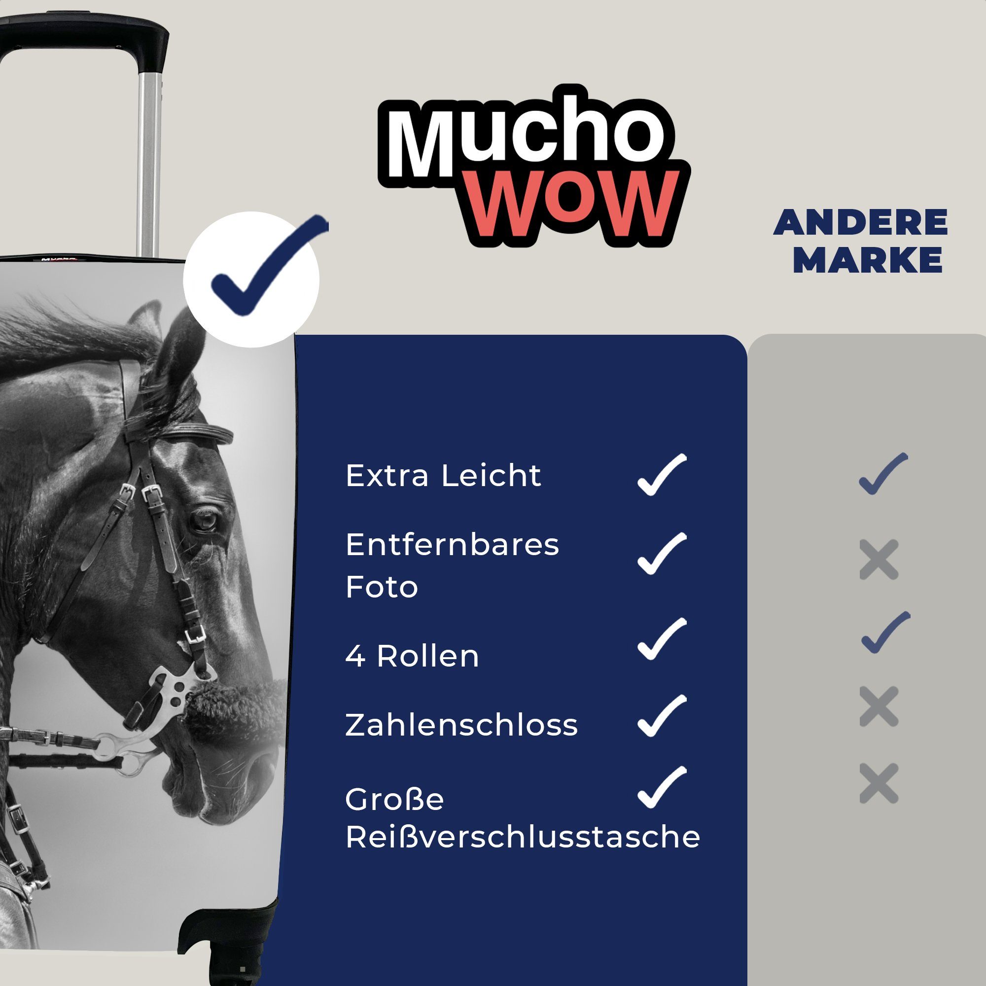 Rollen, Tiere, - Reisekoffer mit - für MuchoWow 4 Ferien, Handgepäckkoffer Reisetasche - Trolley, Handgepäck Porträt Pferde Schwarz rollen,
