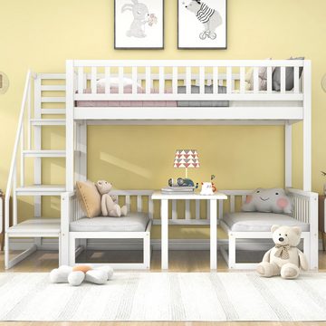 MODFU Etagenbett mit Treppe, mit verstellbarem Tisch, mit Holzsofa (Kinderbett, Robustes Kieferholzgestell 90x200cm&120*200cm), ohne Matratze