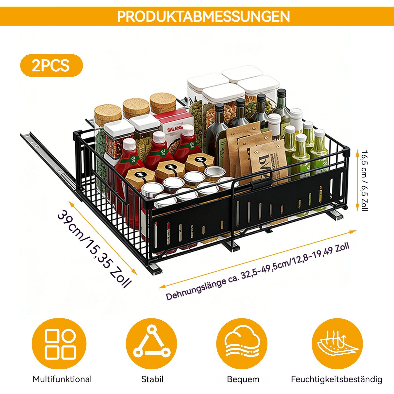 BlingBin Küchenorganizer-Set Teleskopschublade, Ausziehbare Schublade Aufbewahrungsregale Organizer, (1er Set, 2-tlg., 39 x 49,5 x 16,5 cm), für Küchenschränke,Teleskopschublade Ausziehbar Küche Schublade
