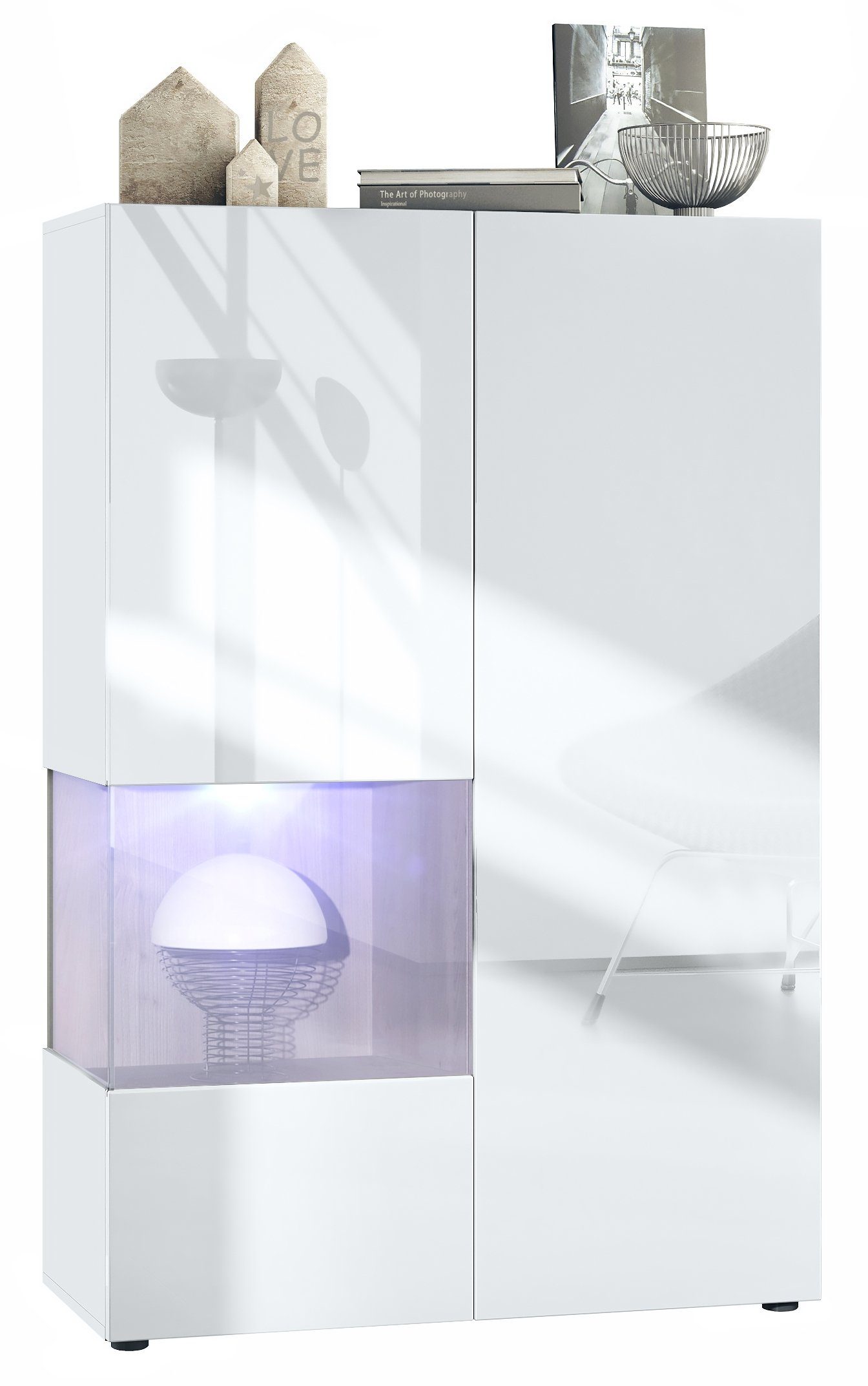 Vladon Standvitrine Morena V2 (Standvitrine, mit 2 Türen und Glaseinsatz inkl. LED-Beleuchtung) Weiß matt/Weiß Hochglanz/Eiche Nordic (91,5 x 136,5 x 37 cm)