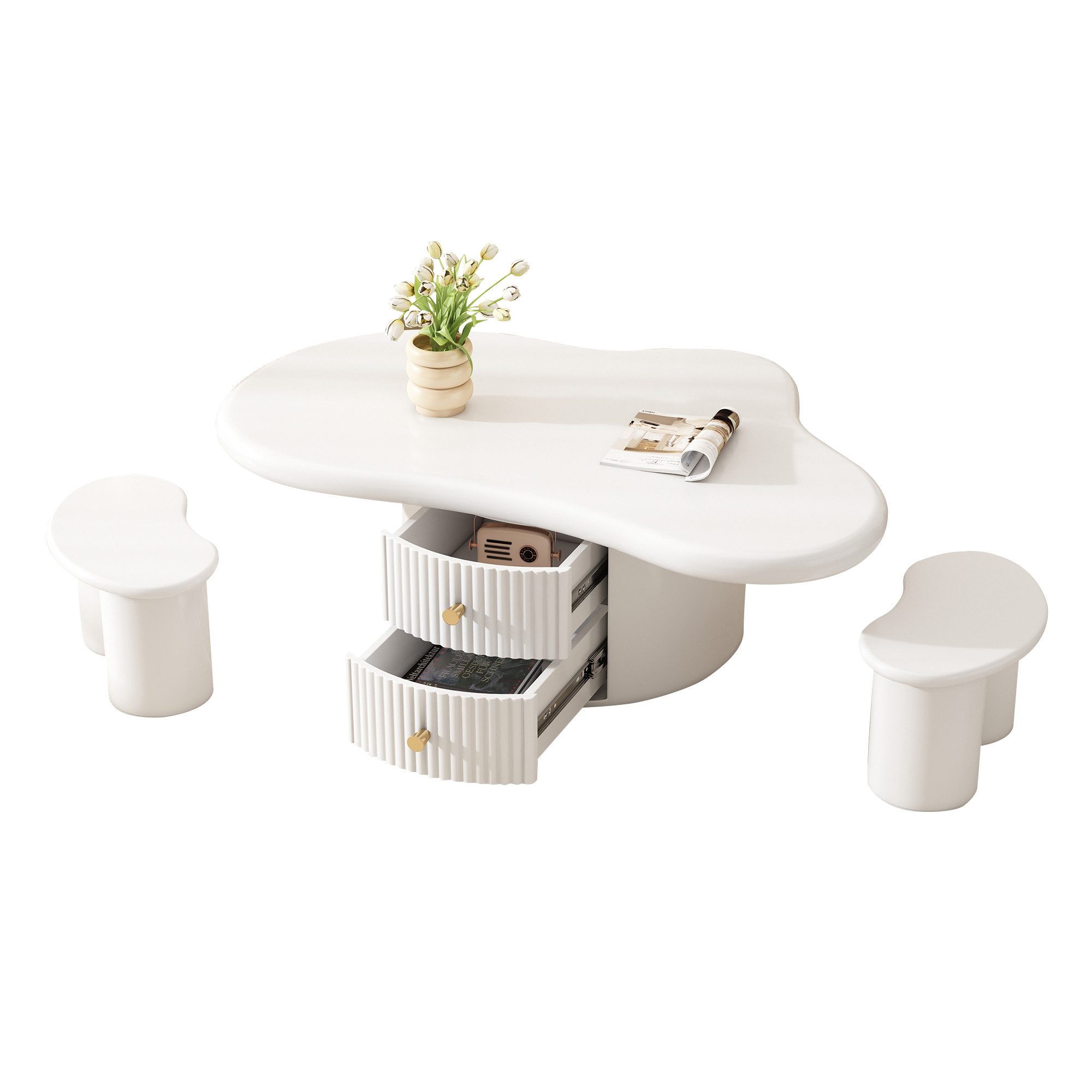 Odikalo Couchtisch Teetisch Unregelmäßiger Wolkenform Hockern MDF Filzunterlagen