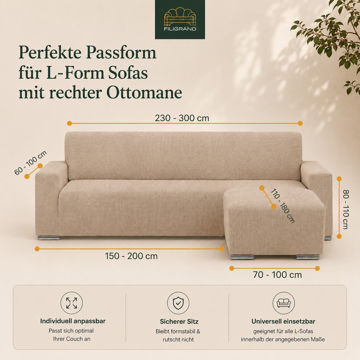 Belmarti Sofahusse 1-teiliger Sofabezug für L-Form mit Ottomane, hergestellt in Spanien, elastisches Material, hochwertiger und langlebiger Baumwollmix