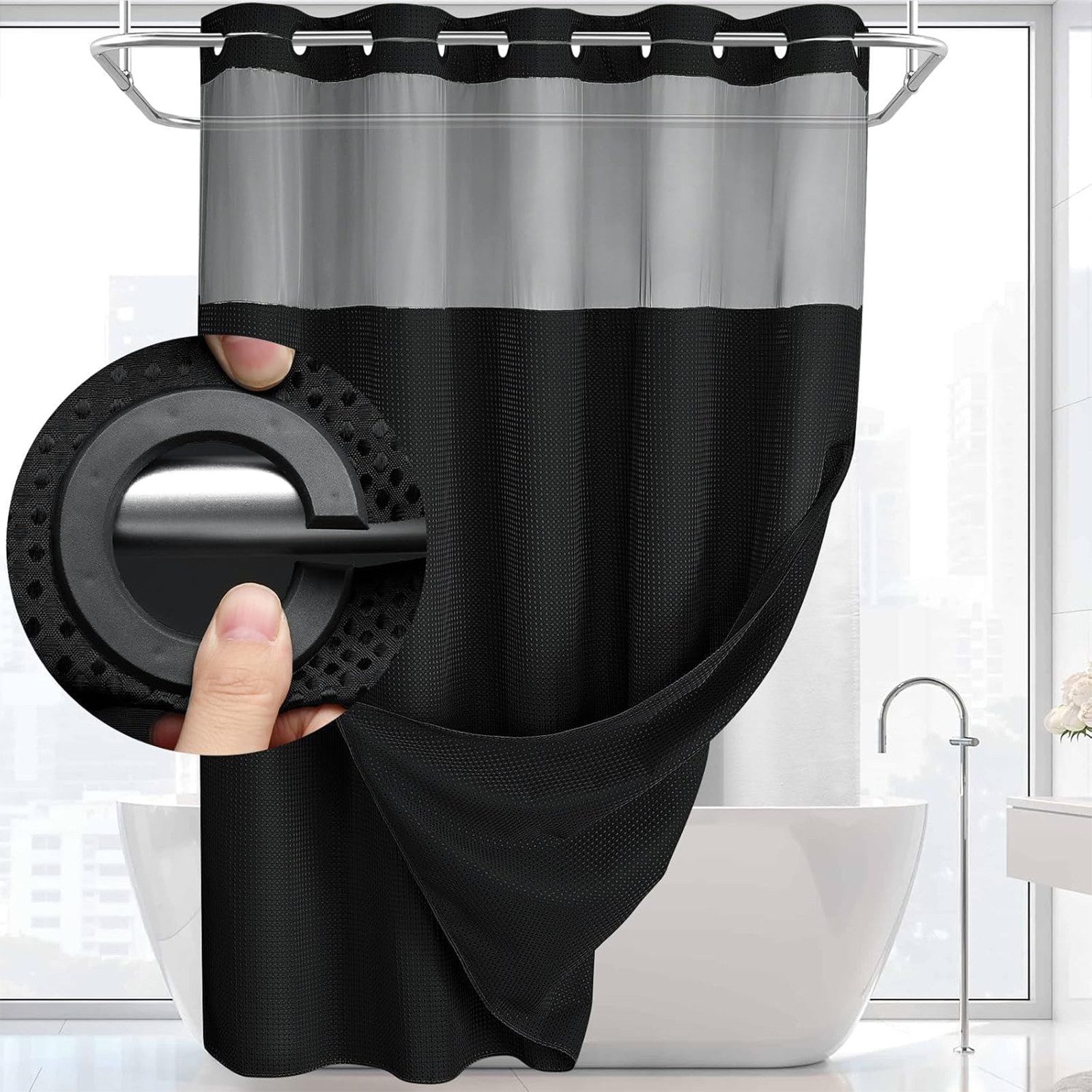OKWISH Duschvorhang Badvorhang moderne Badezimmer Vorhang Breite 183 cm (mit abnehmbarem Innenvorhang Sichtfenster Mesh, 1-tlg., Druckknopf System, wasserabweisend), pflegeleicht waschbar für Dusche Badewanne Gäste-WC usw.