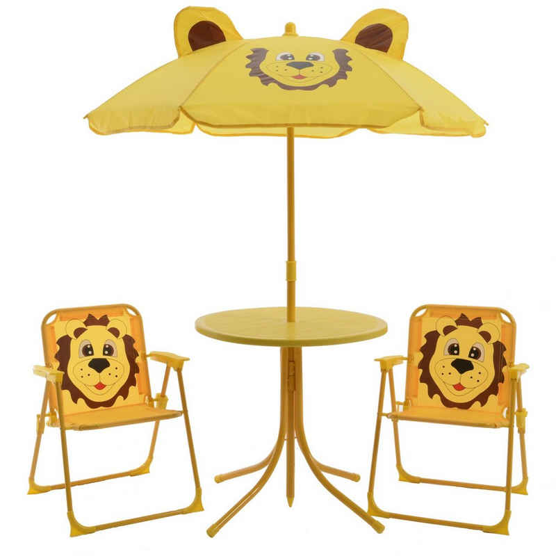 MARELIDA Kindersitzgruppe Löwe LIO Stühle Tisch Sonnenschirm Gartenmöbel für Camping 4tlg., (4-tlg)