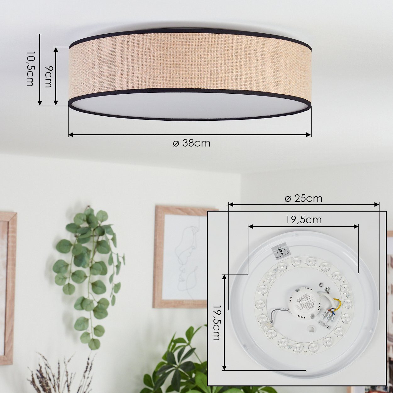 hofstein Deckenleuchte moderne Deckenlampe aus Metall/Stoff/Kunststoff in Weiß/Natur/Schwarz, LED fest integriert, 3000 Kelvin, Leuchte im angesagten Boho-Desig – Bild 4 von 5