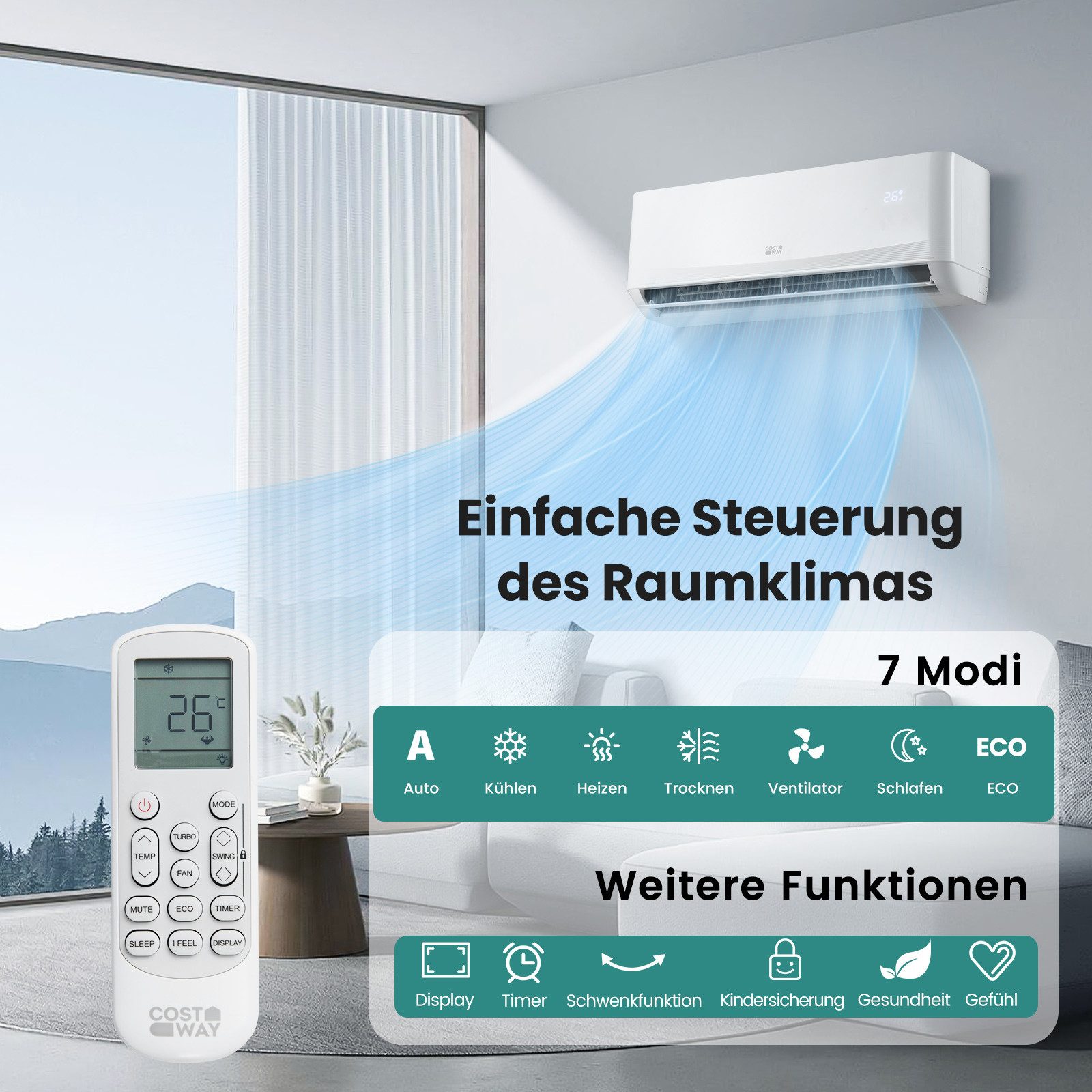 COSTWAY Split-Klimagerät Heizen und Kühlen, 12000BTU/3,4 kW, mit 7 Modi, Set