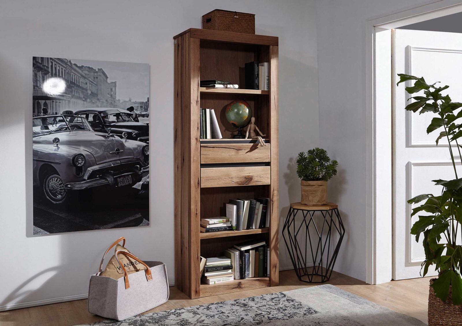 Massivmoebel24 Standregal »MONTREUX«, Regal, Bücherregal aus Holz für  Wohnzimmer und Büro, Schubladen mit Softclose;starke Rissoptik;stilvoll und  modern