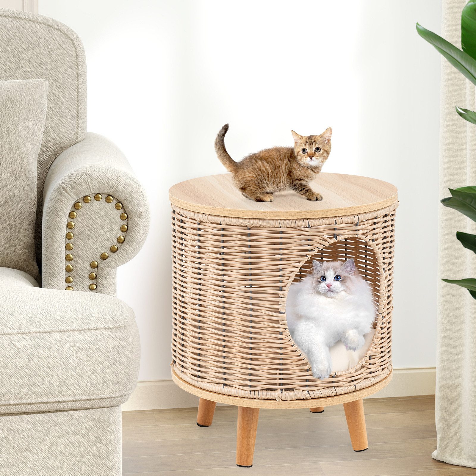 COSTWAY Tierhaus, Katzenhaus Rattan, 3 in 1 Katzenhöhle, Fußhocker, Nachttisch