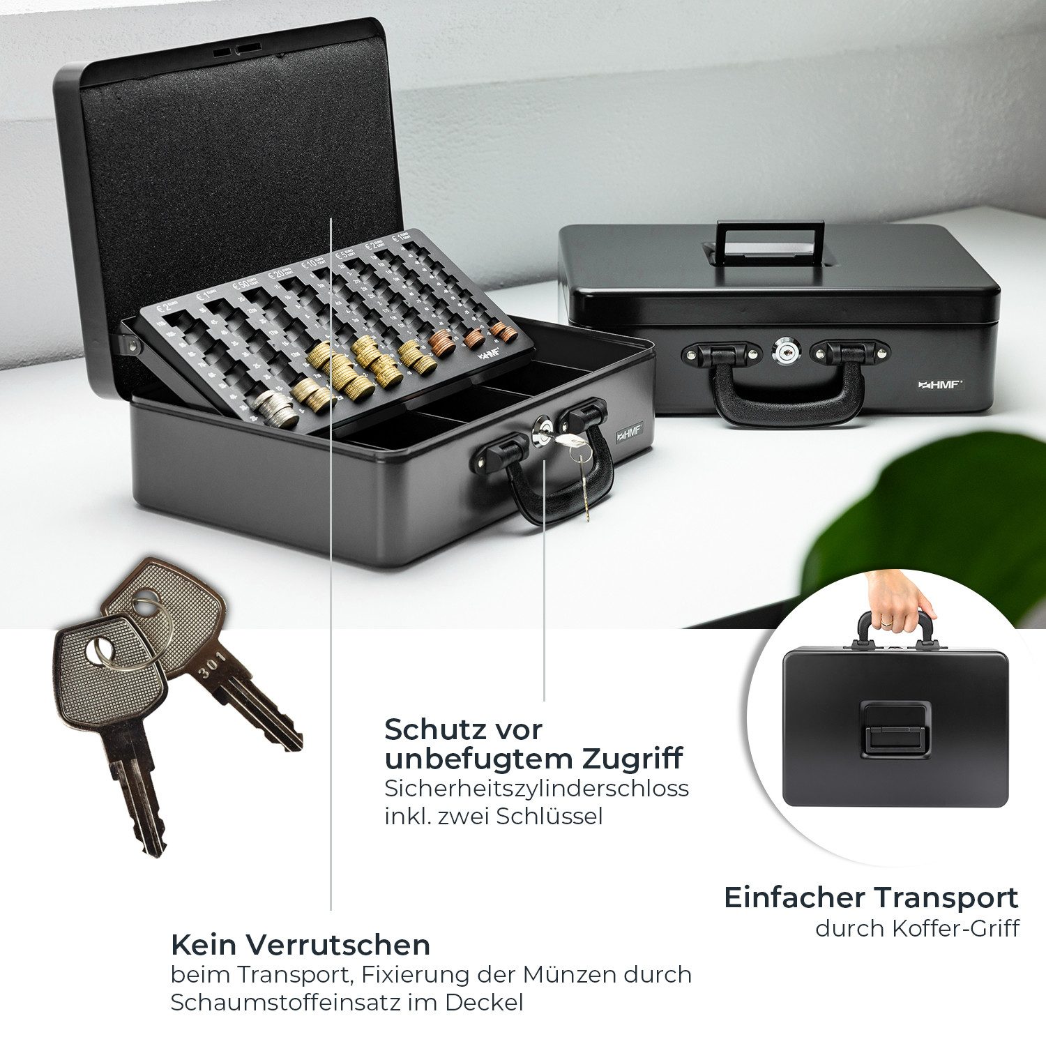 HMF Geldkassette Geldkassette mit EURO-Münzzählbrett, 4 Scheinfächer für 5-50 € Scheine, Geldzählkassette mit Koffertragegriff, 36 x 25 x 11 cm, Schwarz – Bild 4 von 5