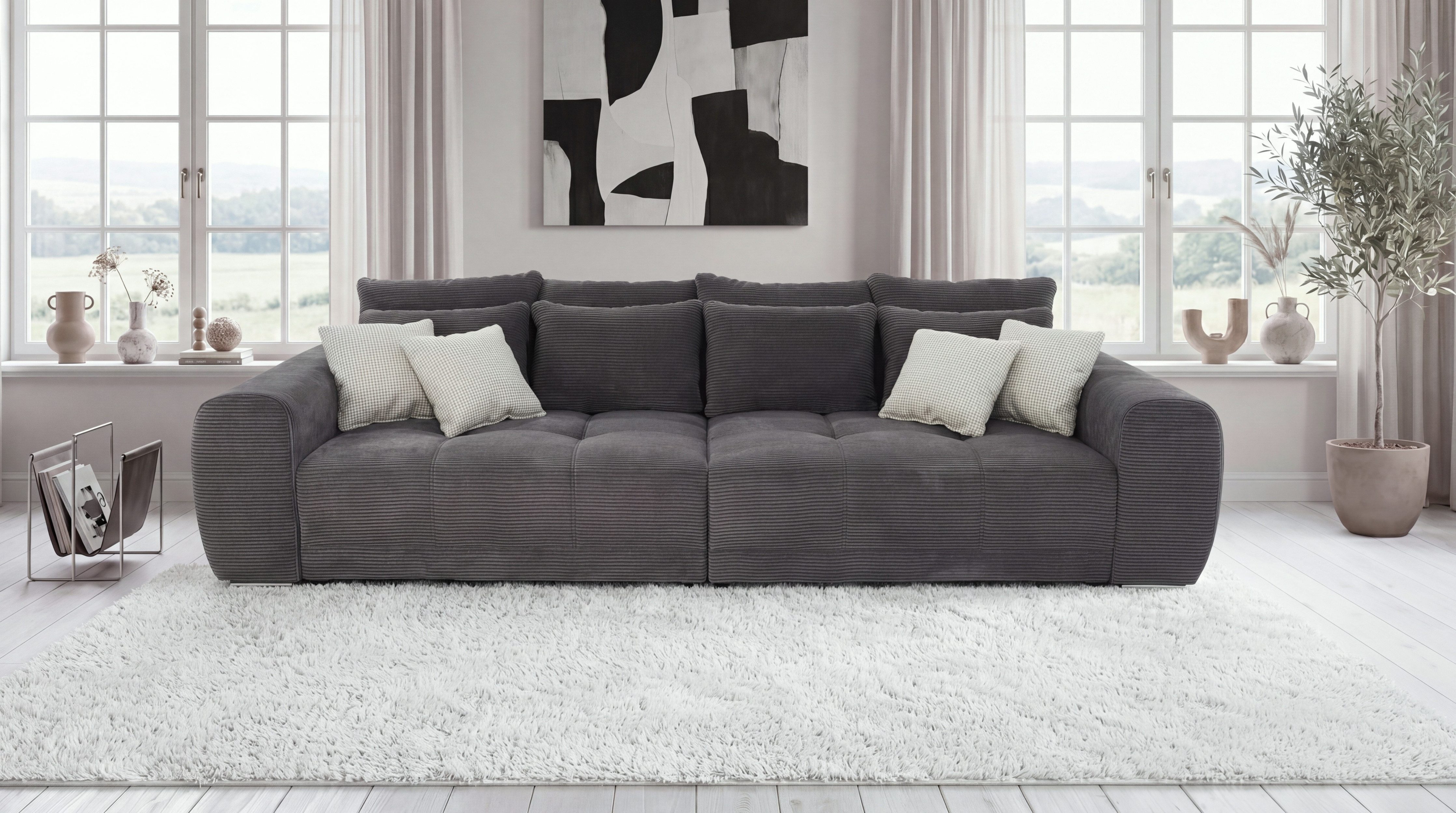 luma-home Big-Sofa 15171, XXL-Couch B306/T134/H86 cm, Liegefläche 120x240 cm mit Federkernpolsterung, viele Kissen, markante Steppungen, Cordstoff Dunkelgrau