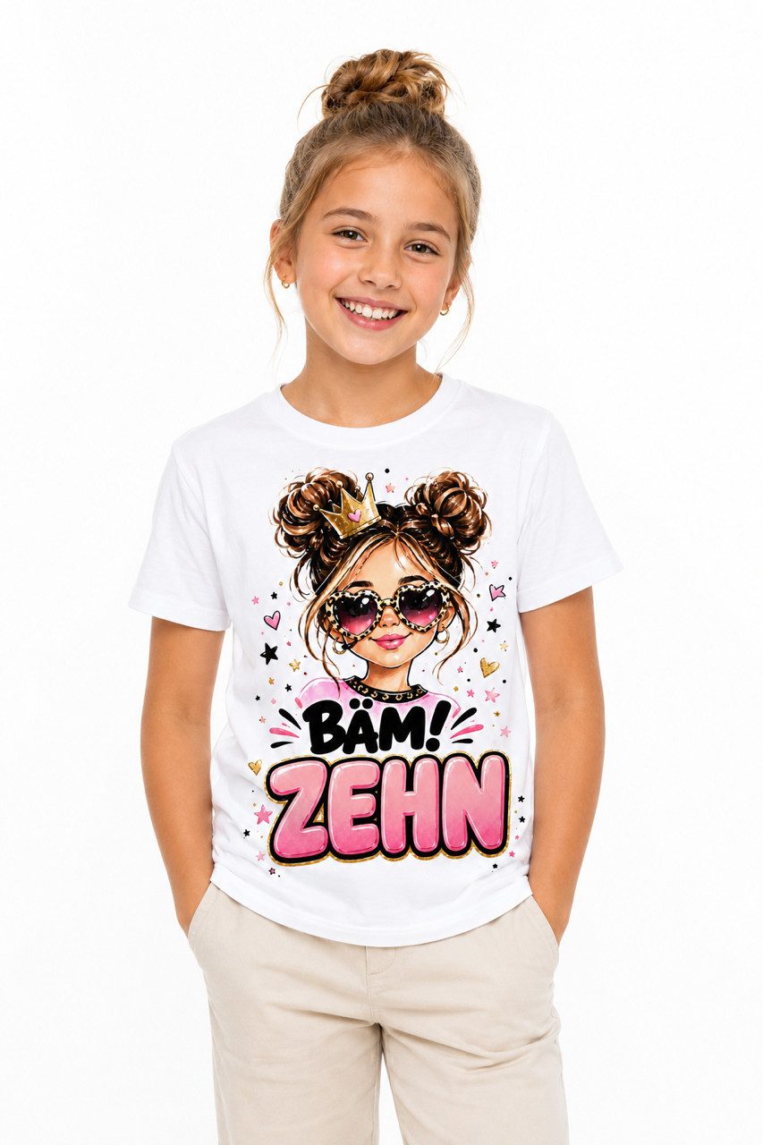 coole-fun-t-shirts Print-Shirt BÄM ZEHN Mädchen T-Shirt 10. Geburtstag Geschenk Weiß Kindergeburtstag 10 Jahre Mädchen Geschenk T-Shirt