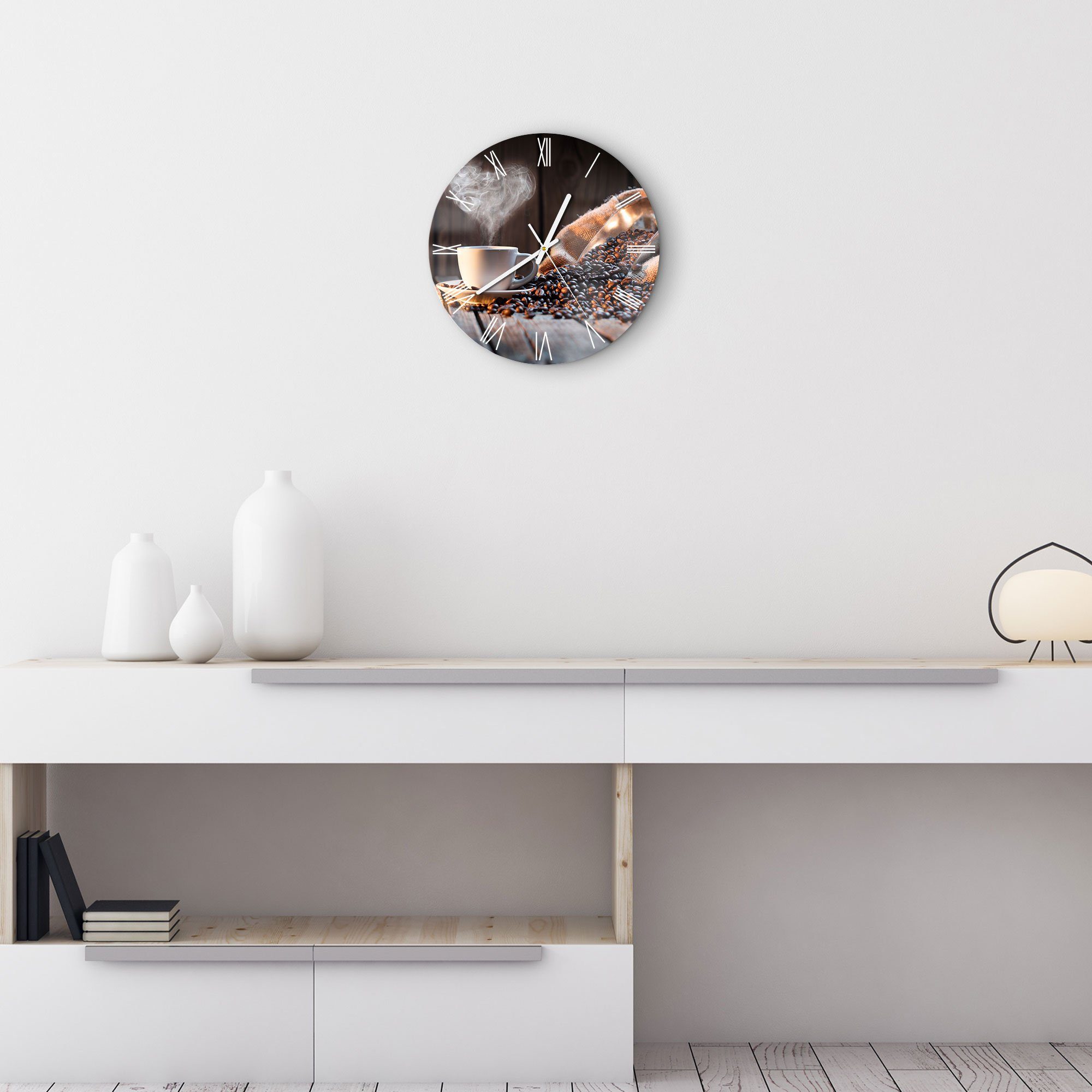 DEQORI Wanduhr 'Rustikale Kaffeeliebe' (Glas Glasuhr modern Wand Uhr Design Küchenuhr)