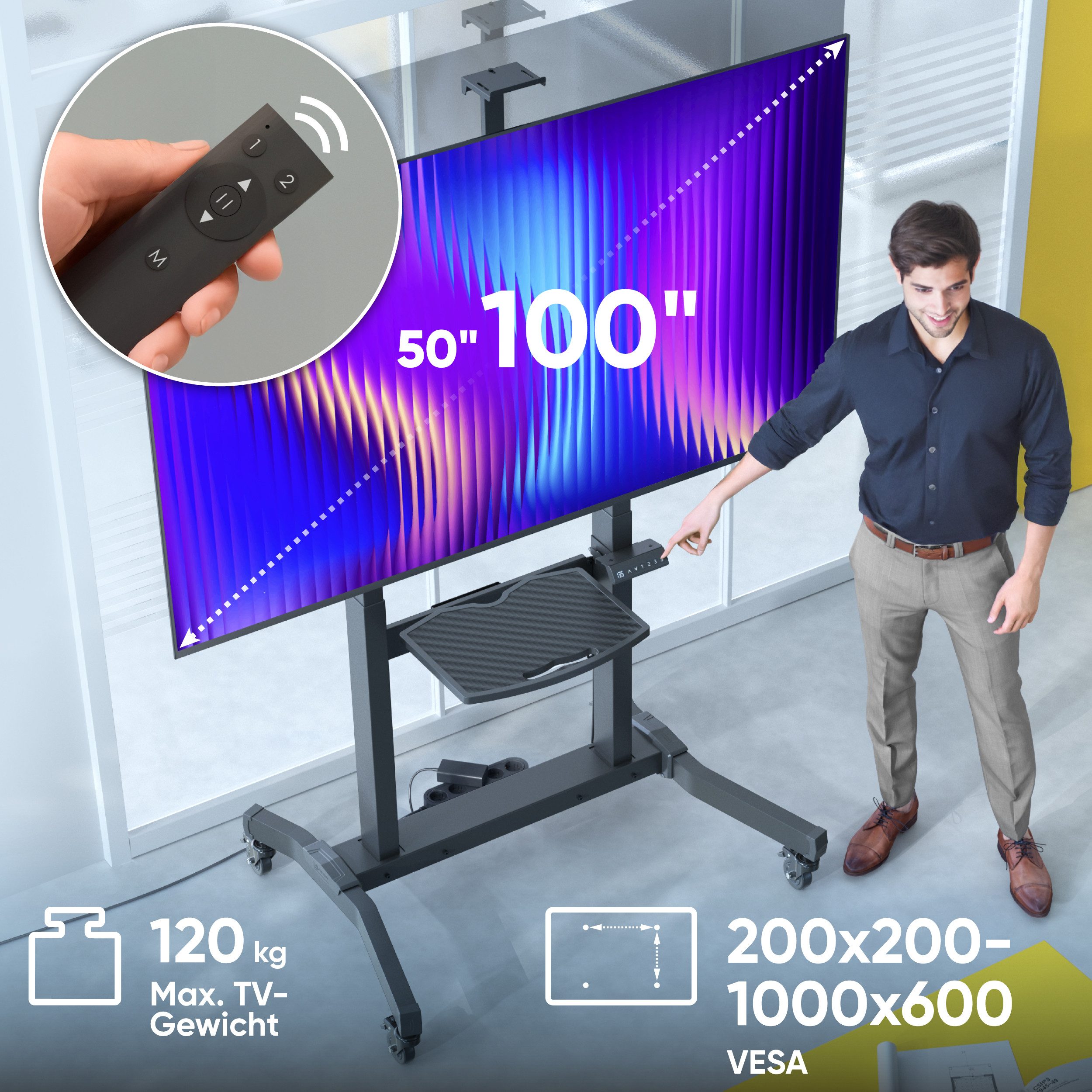 ONKRON TV-Ständer 50-100 Zoll, bis 120 kg, VESA 200x200-1000x600, TS1991E-B, (bis 100,00 Zoll, TV Ständer mit Motor, TV Ständer, elektrisch höhenverstellbar, rollbar, mit Ablage, Kabelmanagement)