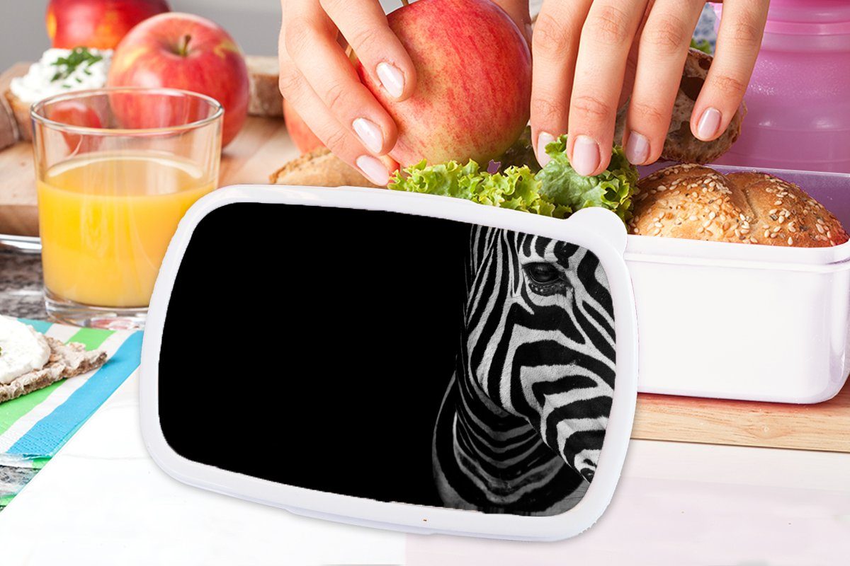 MuchoWow Lunchbox Weiß, - Zebra Brotdose, für (2-tlg), - Brotbox für Kinder Erwachsene, Mädchen Schwarz Tiere Jungs und und Kunststoff, 