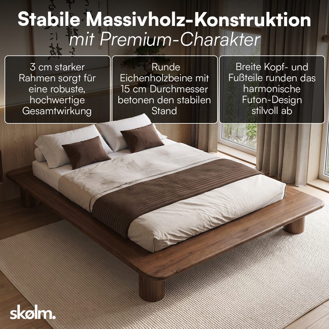 skølm Futonbett Vestri aus massiver Eiche (Walnussoptik, 140x200 cm), Massivholzbett lackiert, niedriges Doppelbett mit 25 cm Höhe – Bild 4 von 5