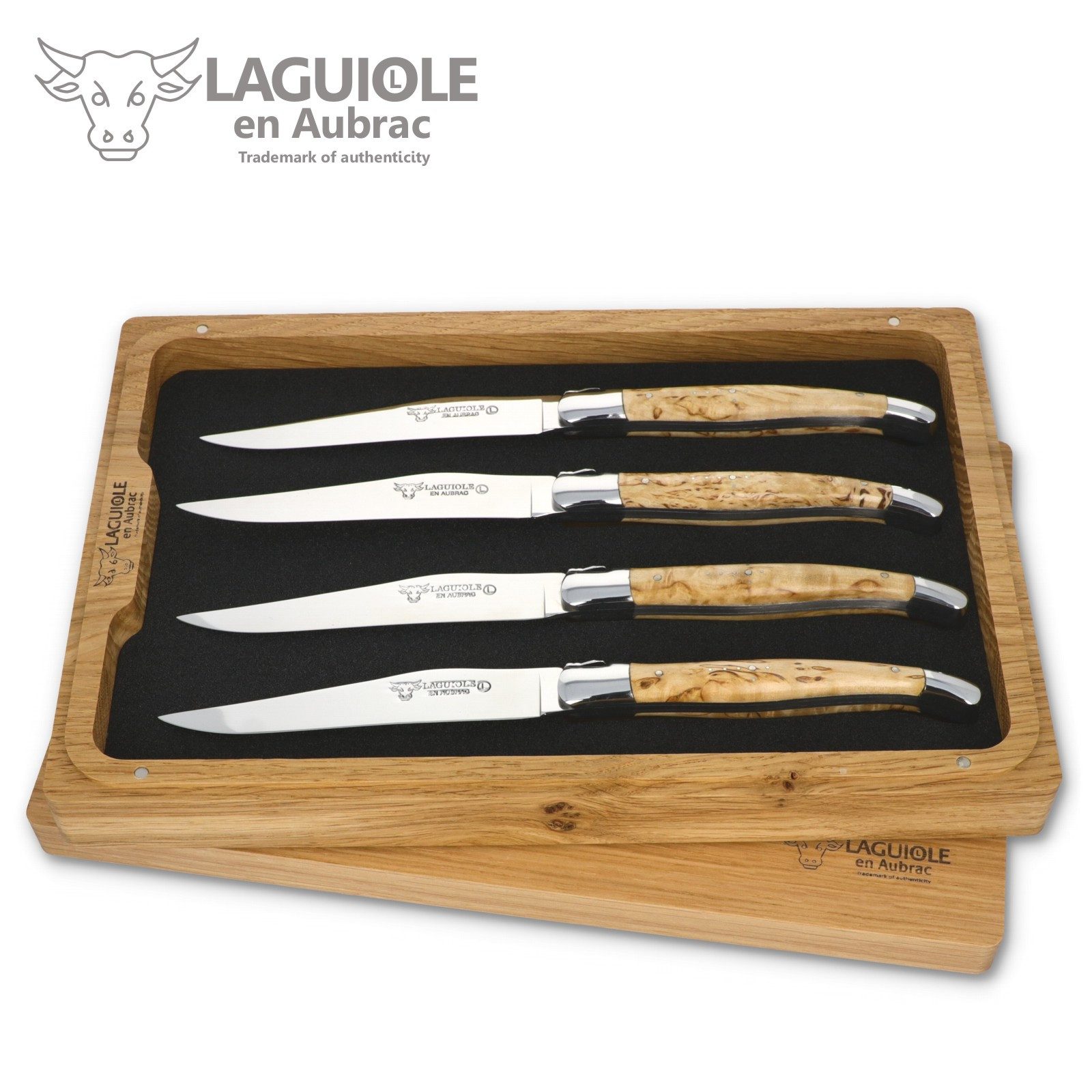Laguiole en Aubrac Steakmesser 42C99BHIH BRI 4er Set - Griff Birke - Backen glänzend - Klinge glänzend - Holzbox