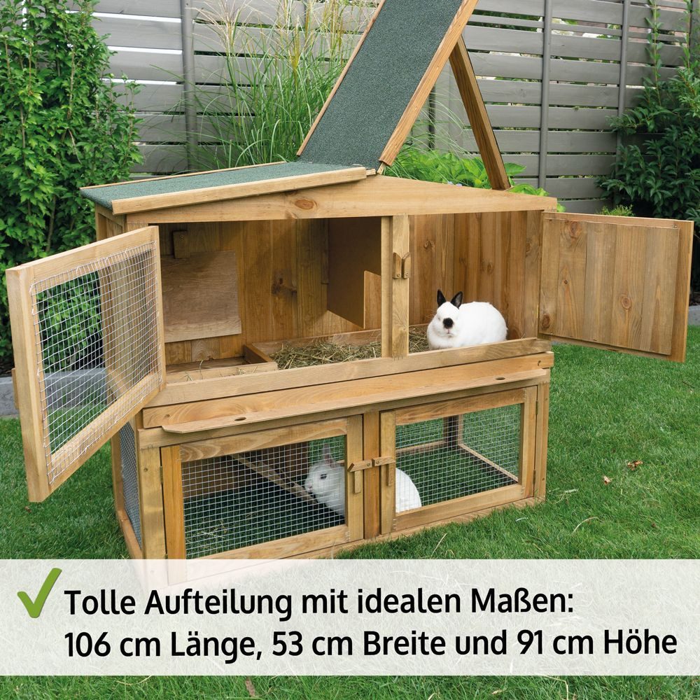 Zooprinz Kleintierstall 002 Obelix Hasenstall Holz winterfest 2 Etagen Freilauf Kotschublade, Kaninchenkäfig Nagerhaus Meerschweinchenstall
