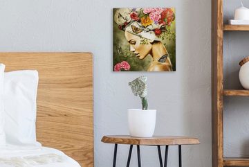 OneMillionCanvasses® Leinwandbild Frau - Blumen - Farben - Schmetterlinge - Rosen - Kopftuch, (1 St), Leinwand Bilder für Wohnzimmer Schlafzimmer