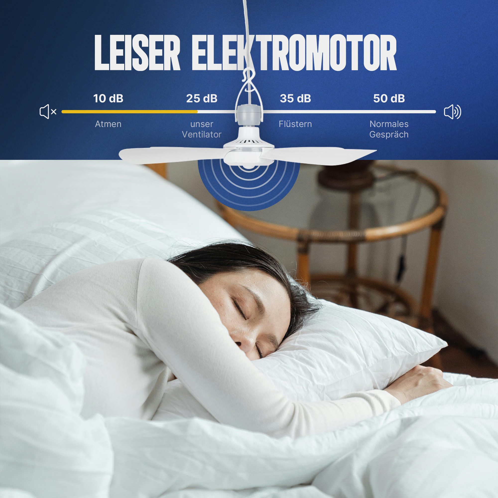 Bestlivings Deckenventilator mobil mit Anschlusskabel und Schalter, mit Aufhängung, Luftzug Umkreis 3m, energie- und platzsparend