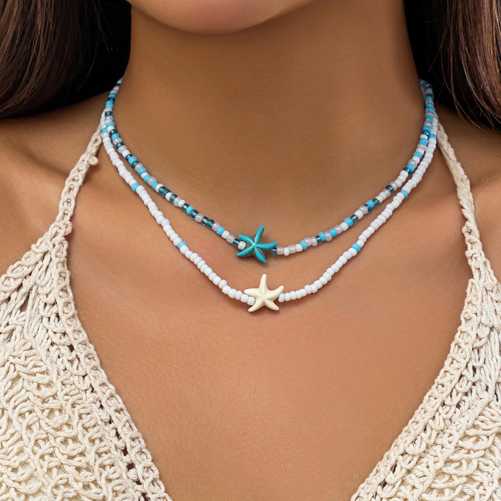 MOPUEA Kette mit Anhänger Bohemian Seestern Halskette, Strand Perlen, verstellbare Halskette (Anhänger Choker Y2K Schmuck Accessoires Geschenke für Frauen, 2-tlg), Sommer Schmuck Bunte Perlen Seestern Halskette Accessoires Outfits