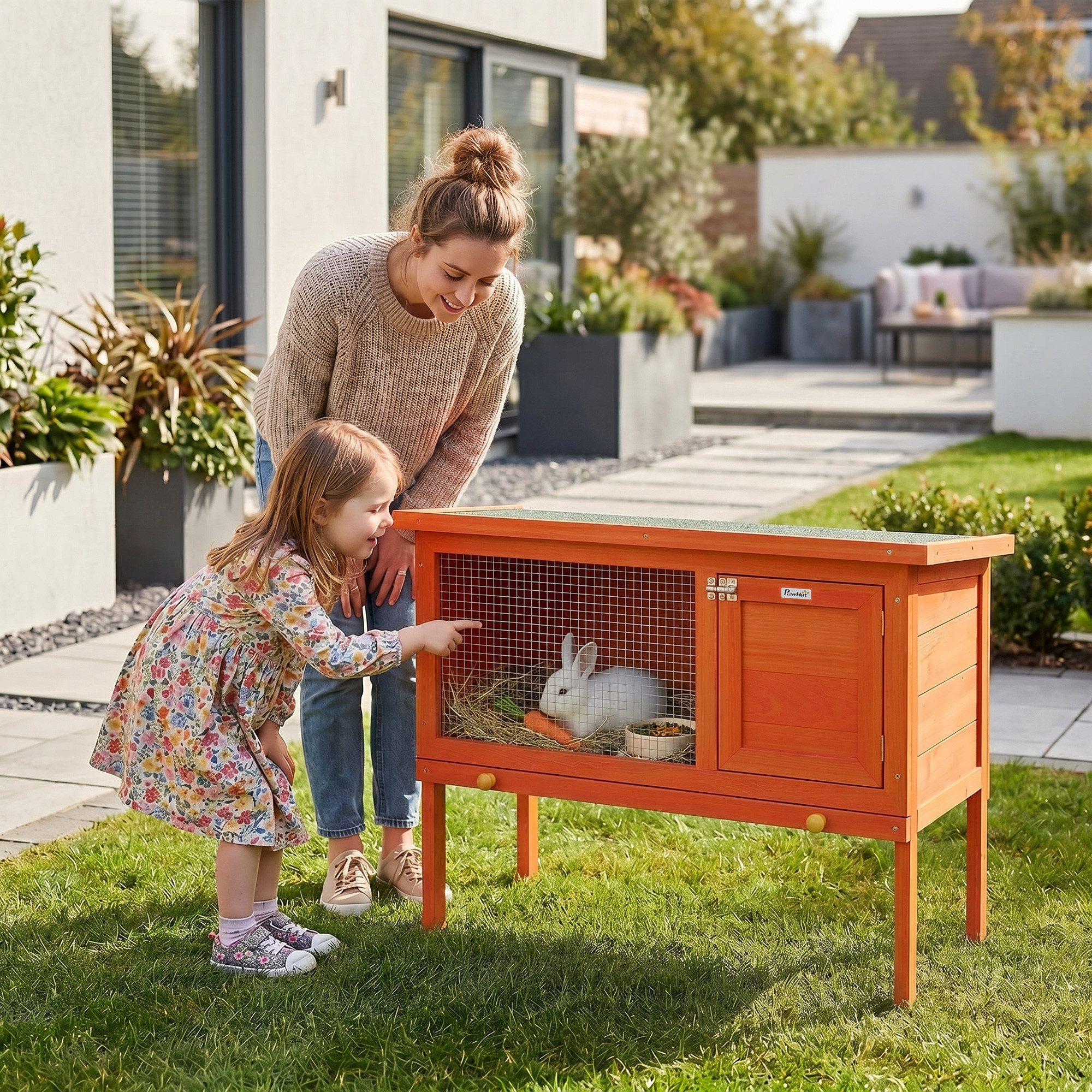 PawHut Kleintierstall Kaninchenkäfig mit aufklappbar Bitumendach, Tür, Hasenkäfig, aus Holz für Kleintiere Outdoor 90x45x65 cm Orange