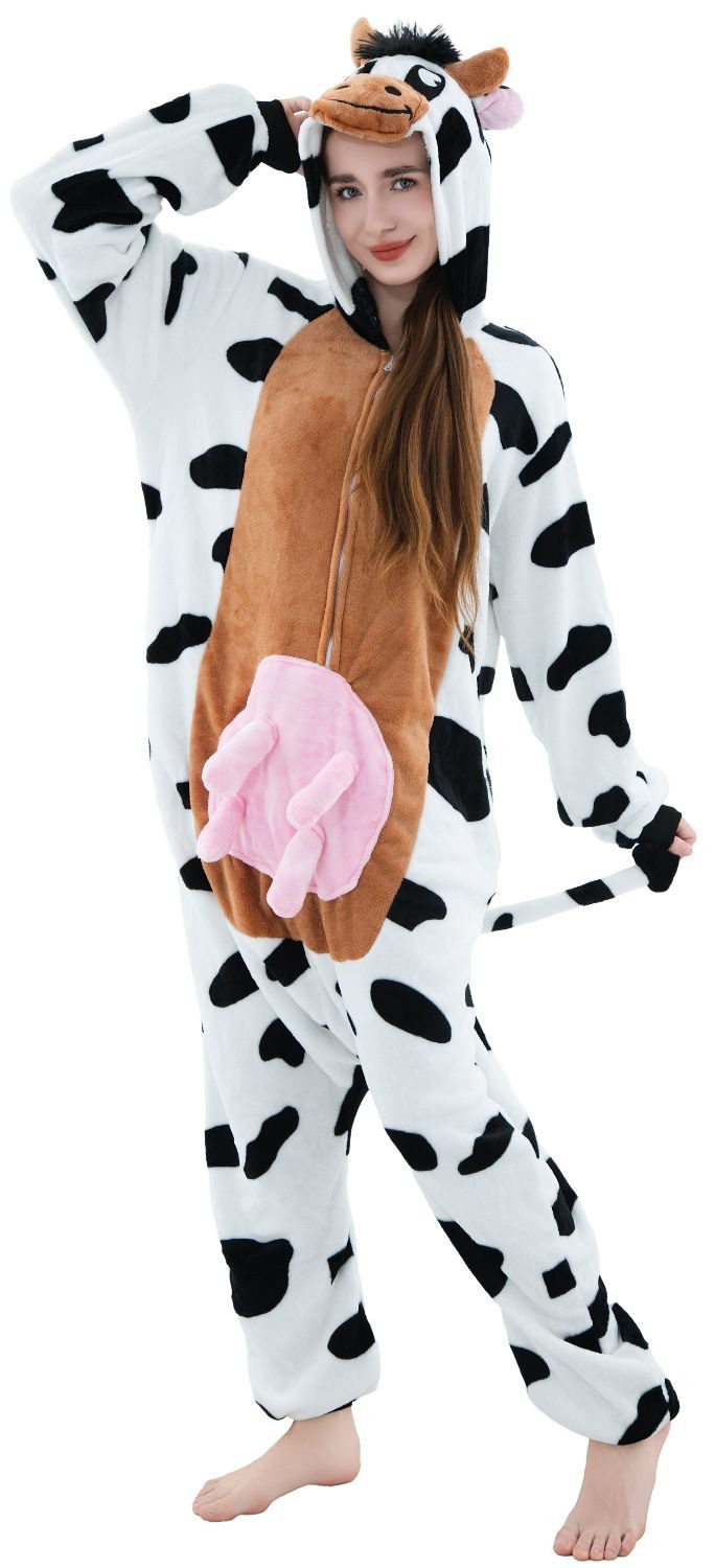 Corimori Partyanzug Onesie Ganzkörper Kostüm für Erwachsene, Kuh-Kostüm Bauernhof Herren Karneval Tier-Kostüme Kuh mit rosa Euter,L