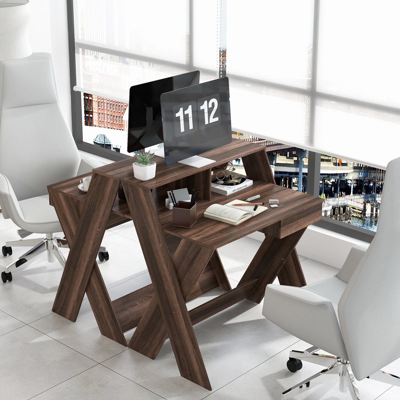 90x61x94cm mit Computertisch, Monitorerhöhung, & Schublade Holz, Braun COSTWAY