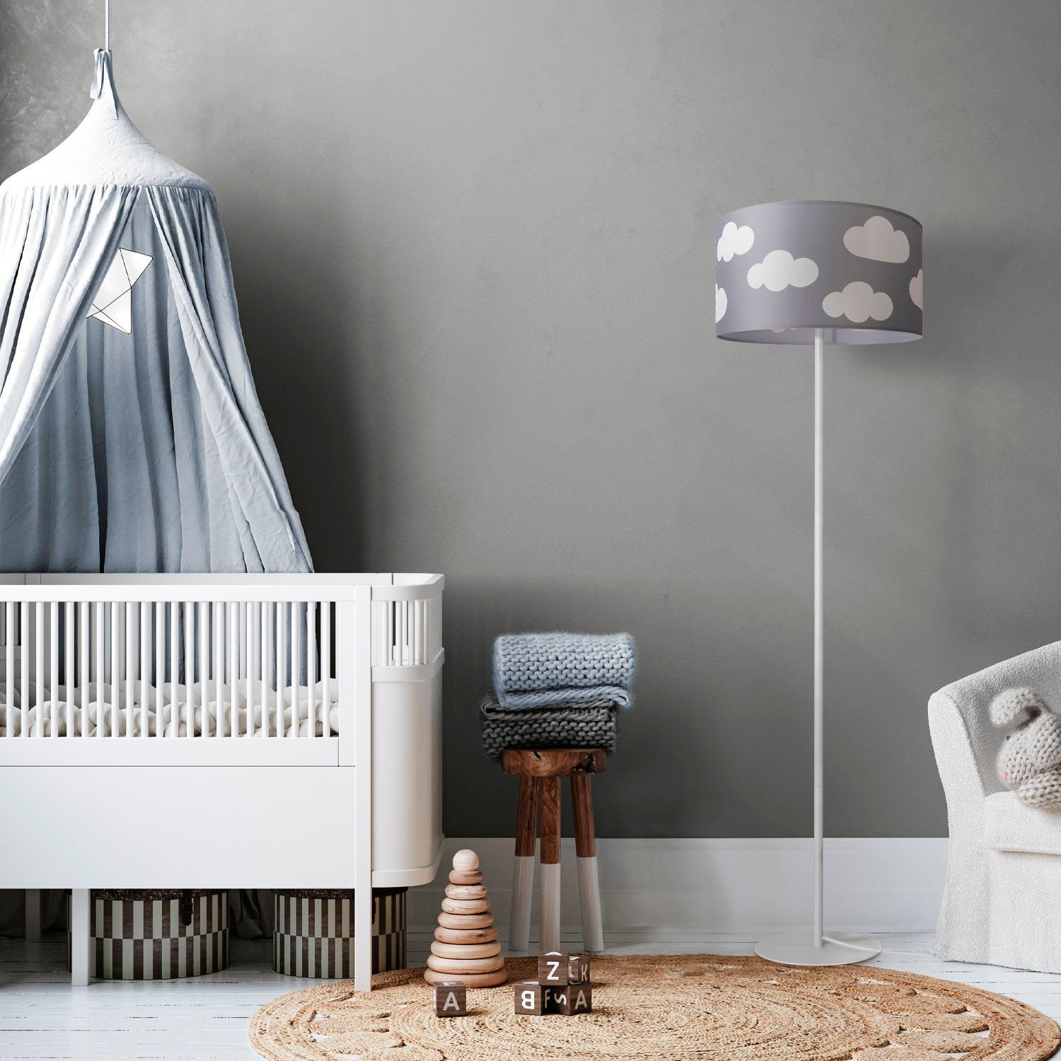 Lampenschirm Paco Stehlampe Kinderzimmer Stehlampe Wolken Spielzimmer Home Stoff Cosmo, E27 ohne Luca Leuchtmittel,