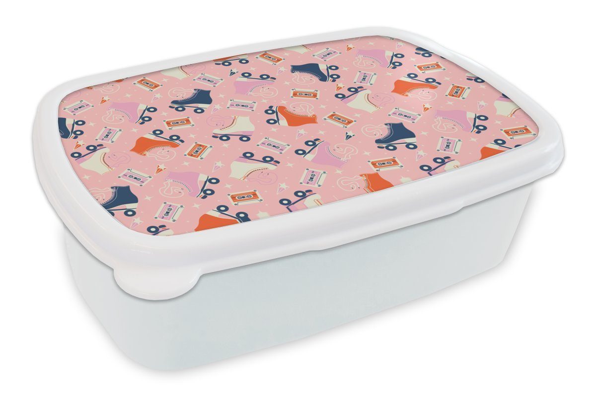 MuchoWow Lunchbox Retro - Kegeln - Kassette, Kunststoff, (2-tlg), Brotbox für Kinder und Erwachsene, Brotdose, für Jungs und Mädchen weiß