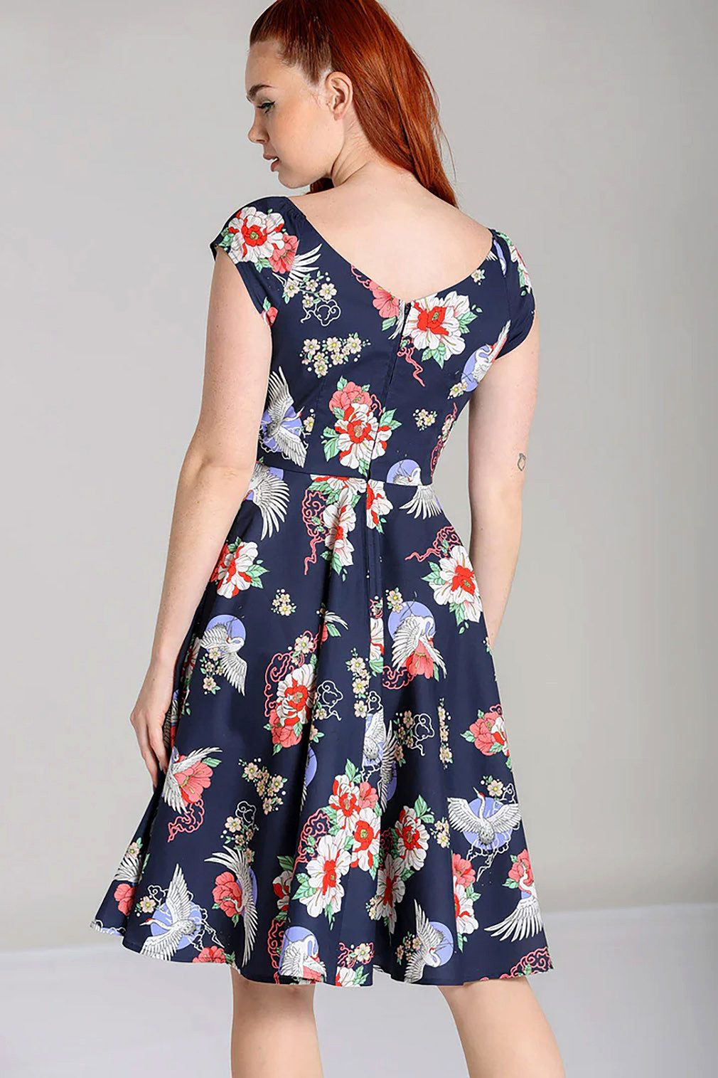 Hell Bunny A-Linien-Kleid Misa Swing Dress Retro Blumenmuster Kranich Vintage Tropical Flowers
