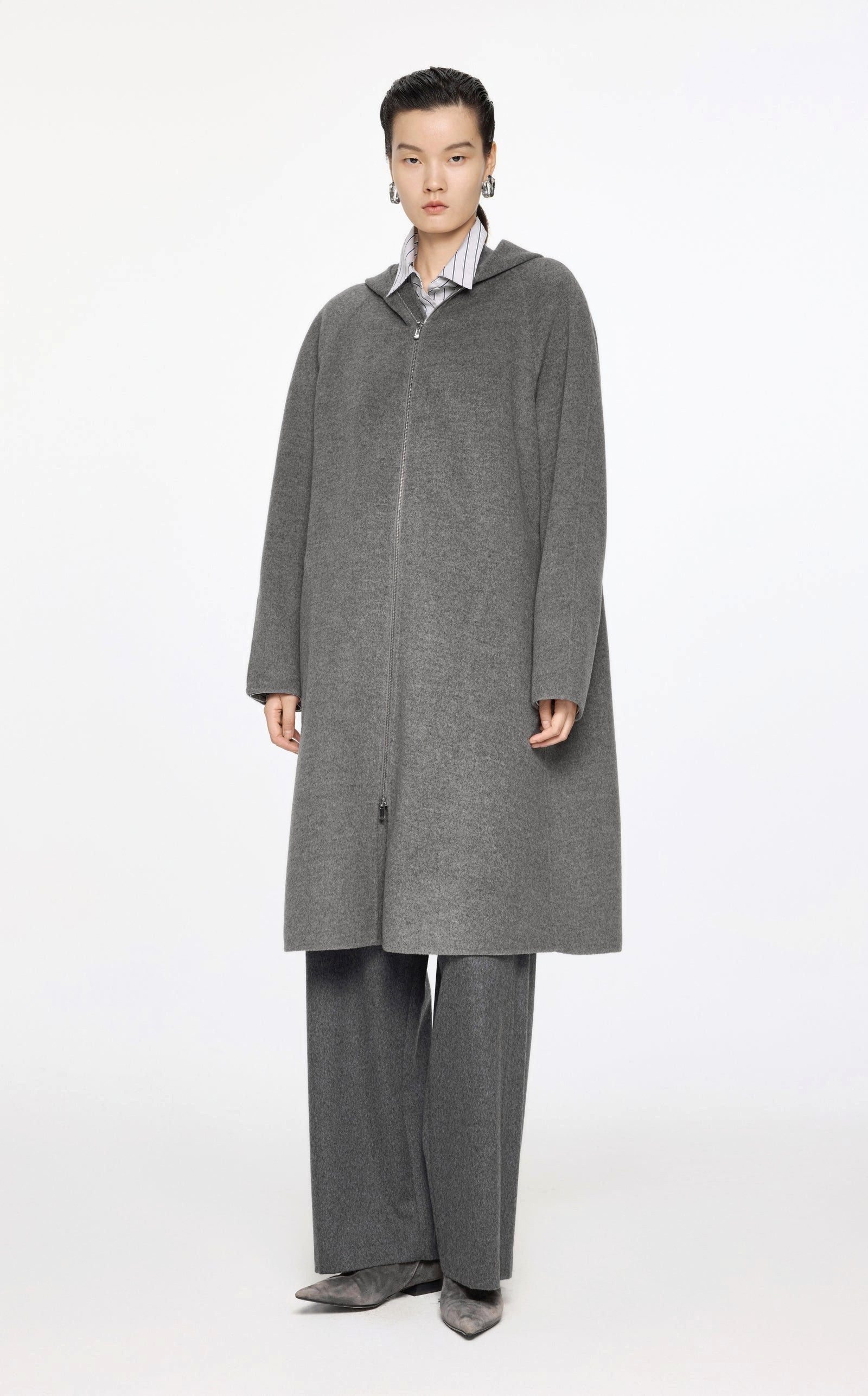 JNBY Wollmantel Eleganter Wollmantel mit Kapuze und Reißverschluss – Grau