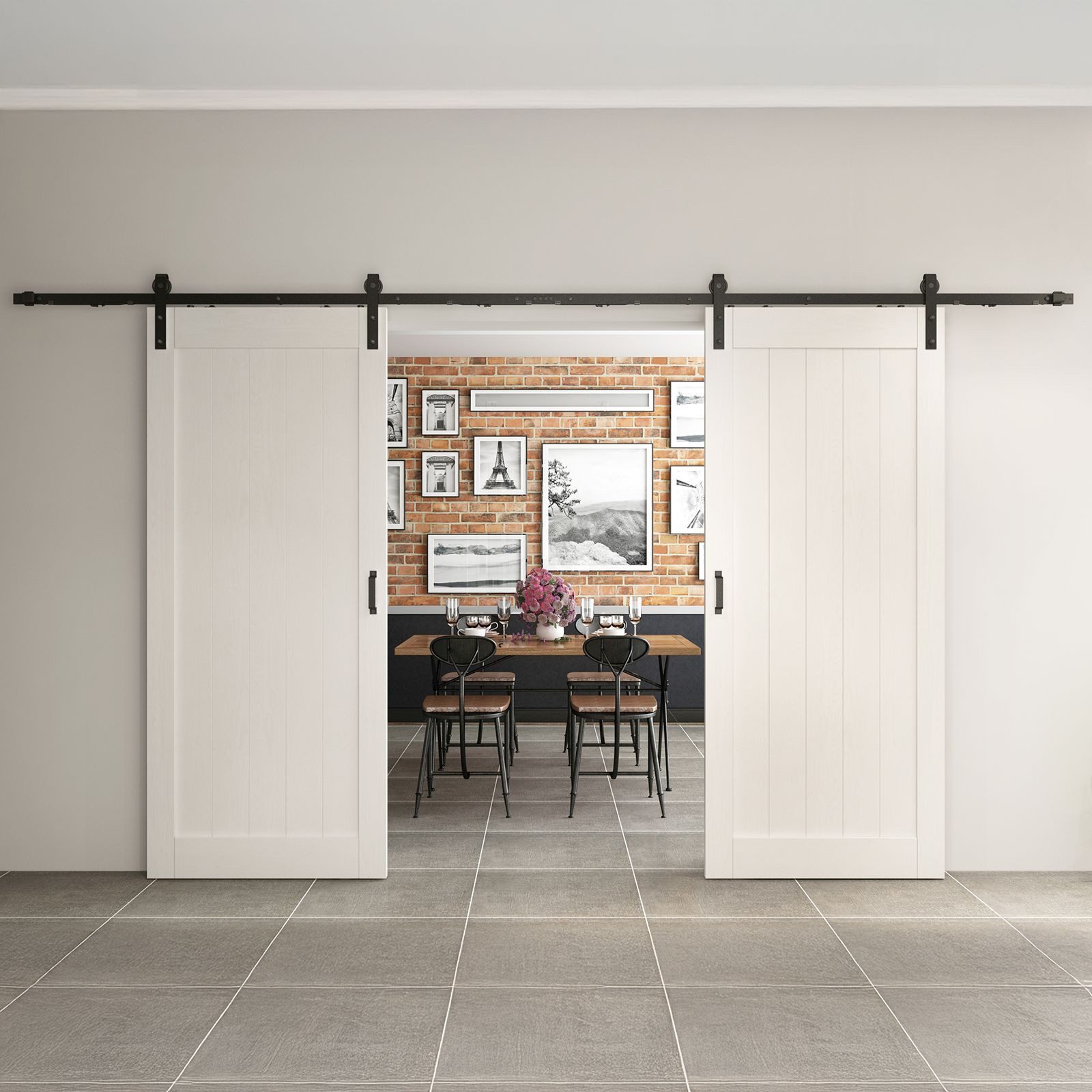 inova wohnen Doppelschiebetür Holzschiebetür Scheunentor Weiß, 180 x 215 cm (Komplett Set, inkl. offener Laufschiene und Bügelgriff), beidseitiger Softclose