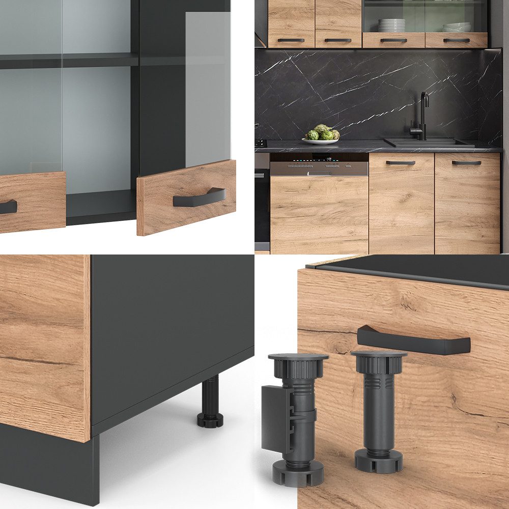 Vicco Küchenzeile R-Line, Goldkraft Eiche/Anthrazit, 300 cm, AP Anthrazit