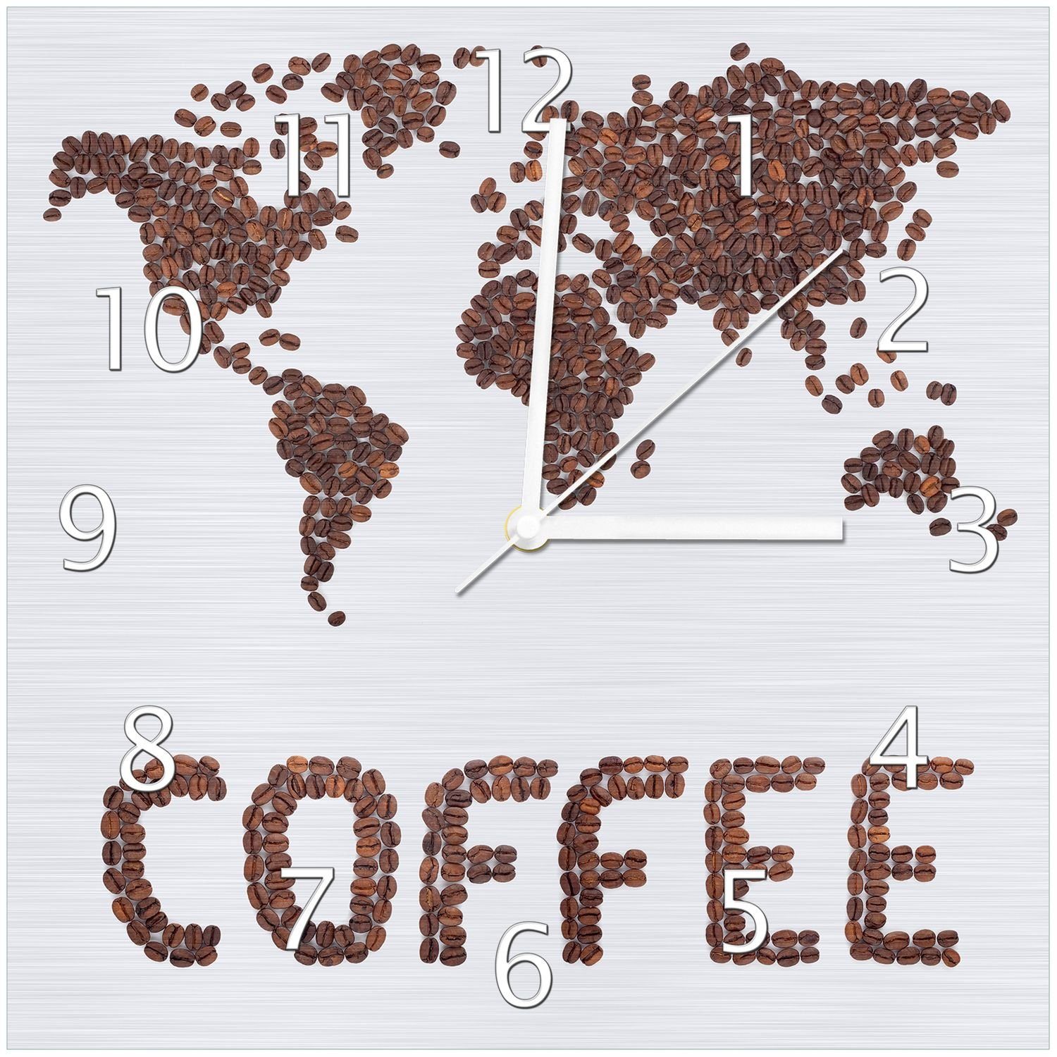 Wallario Wanduhr Weltkarte mit Schriftzug aus Kaffeebohnen (Aluverbunduhr)