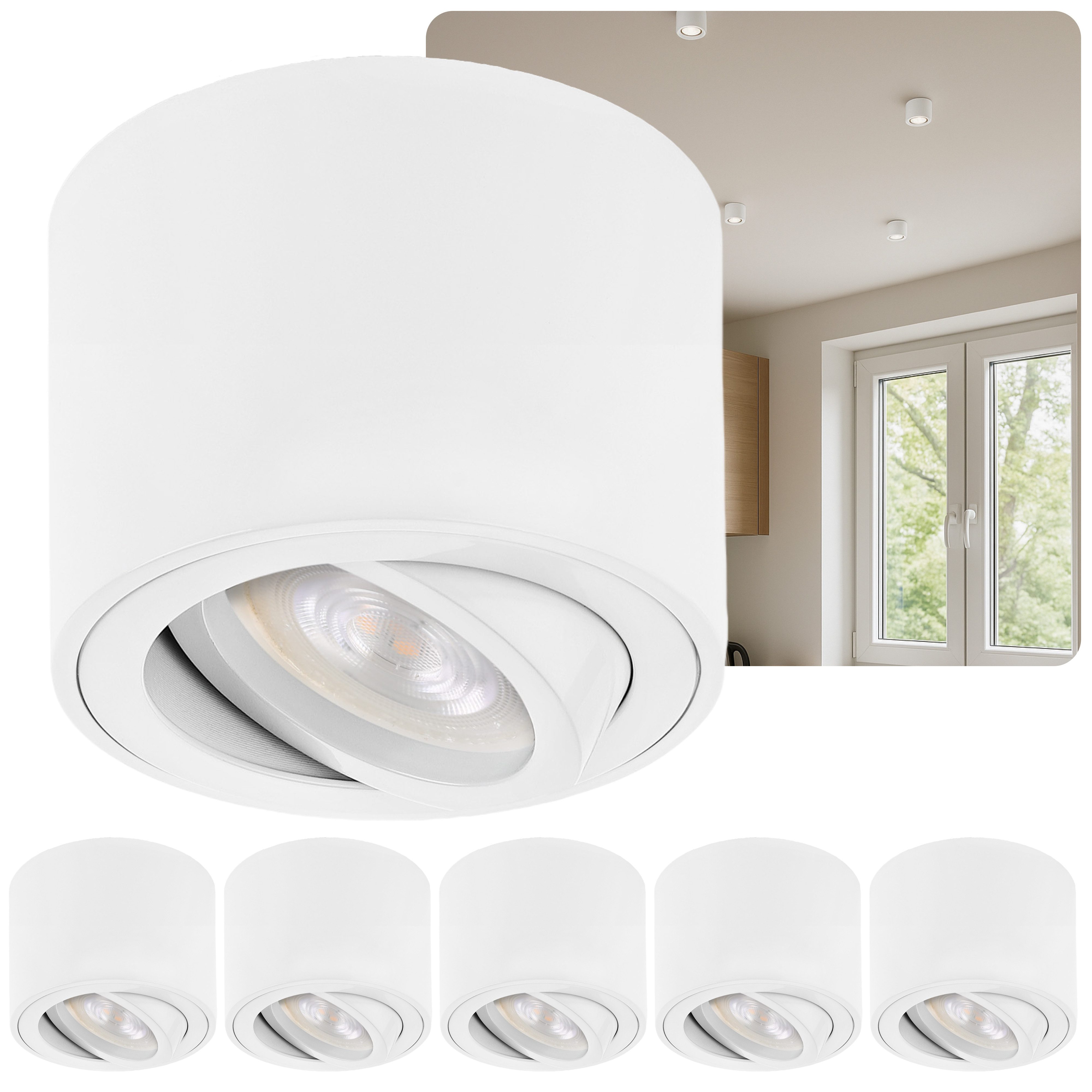 Sweet LED LED Aufbaustrahler 6er Set flache LED Aufbauspots - rund & schwenkbar, 5 W, 230V, LED wechselbar, Warmweiß, LED Deckenlampe, Deckenspot, Deckenstrahler