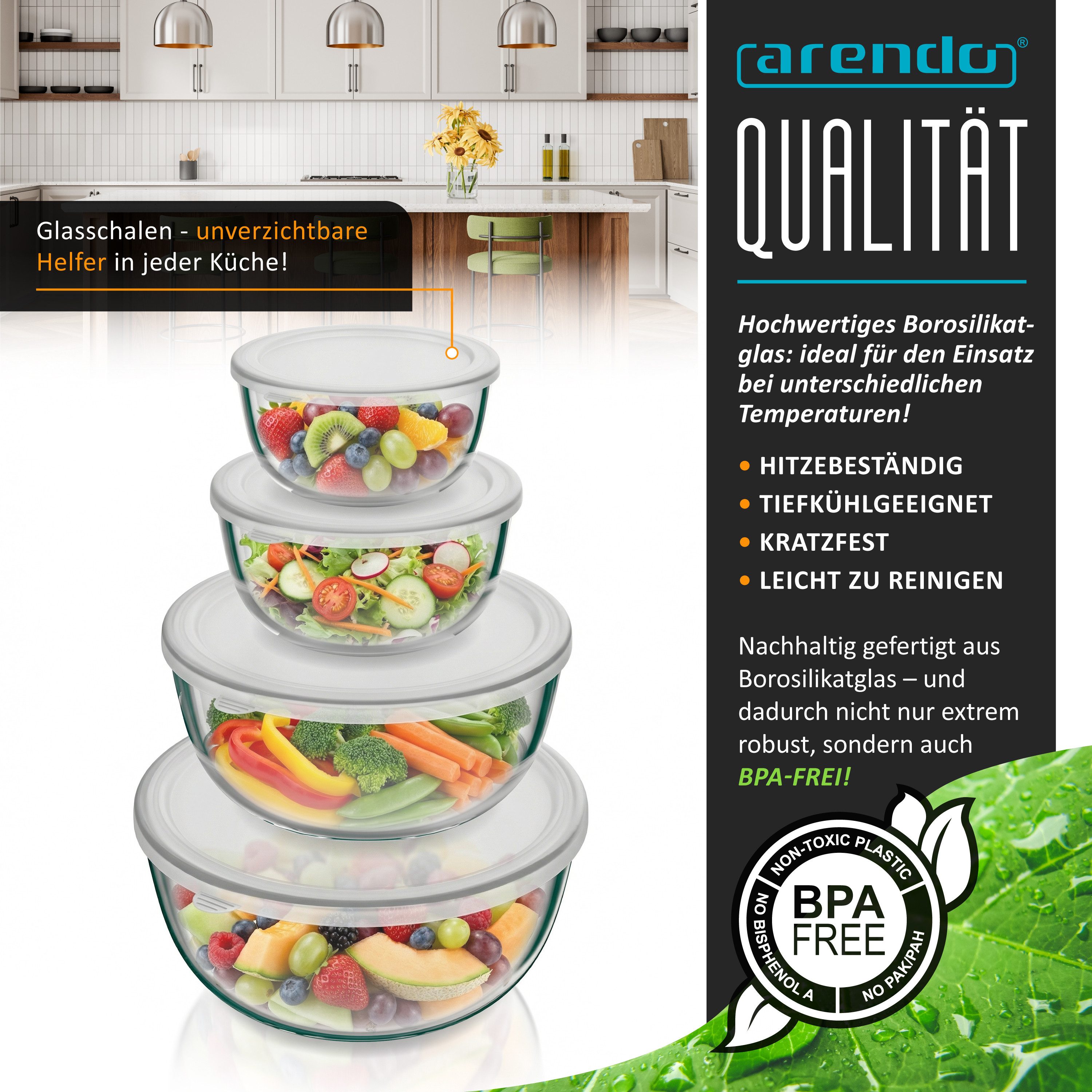 Arendo Salatschüssel 4x Glasschüsseln mit Deckel 0,7L, 1,1L, 2,7L & 4,4L, Glas Rührschüssel, Glas, (4er Set, 4-tlg), Glasschale, BPA-frei, Spülmaschinen und Mikrowellen geeignet