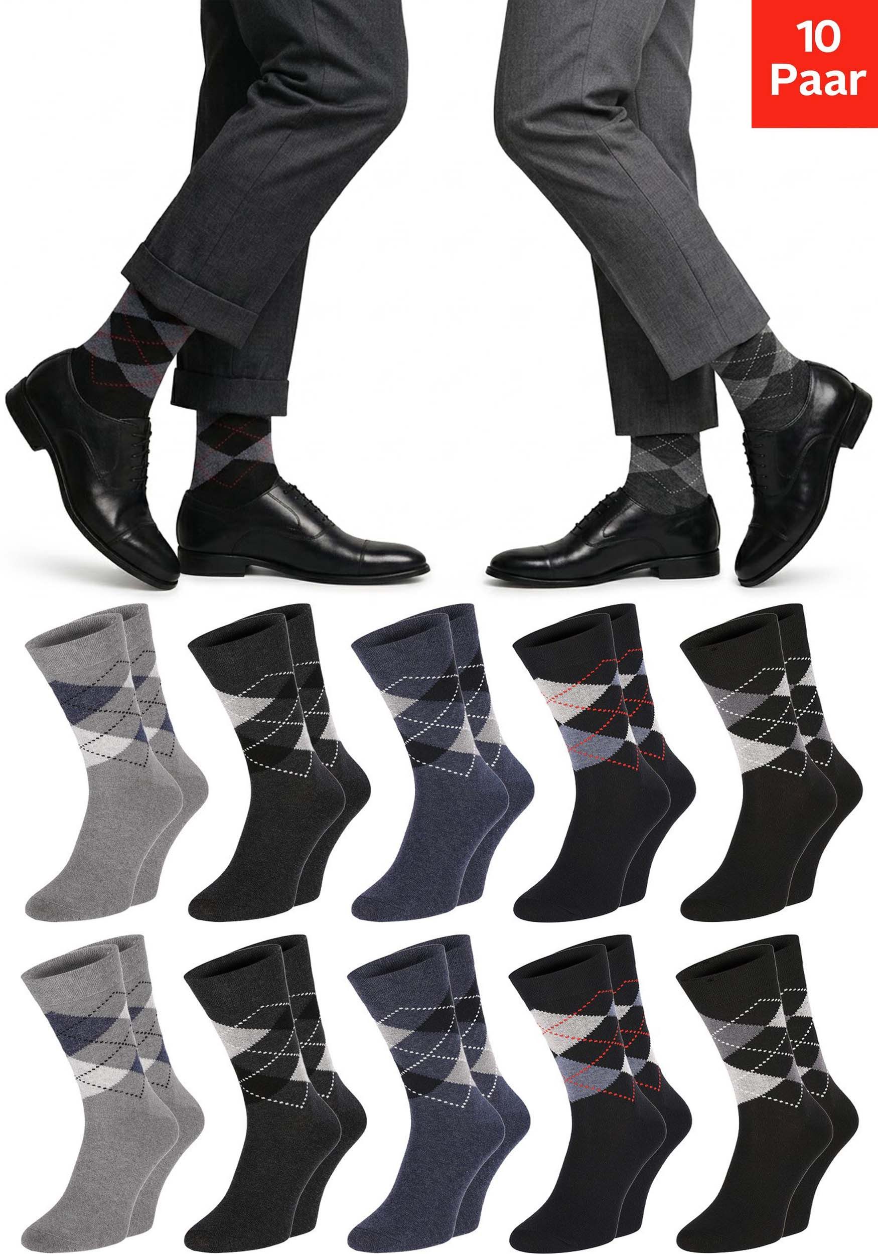 Chili Lifestyle Basicsocken 10 Paar PREMIUM Unisex KARO Socken mit Rautenmuster (Multipack, 10-Paar, 5 Farbdesigns I Business Socken Herren & Damen Baumwolle) Klassische Argyle Anzugsocken handgekettelt ohne Naht mit Komfortbund
