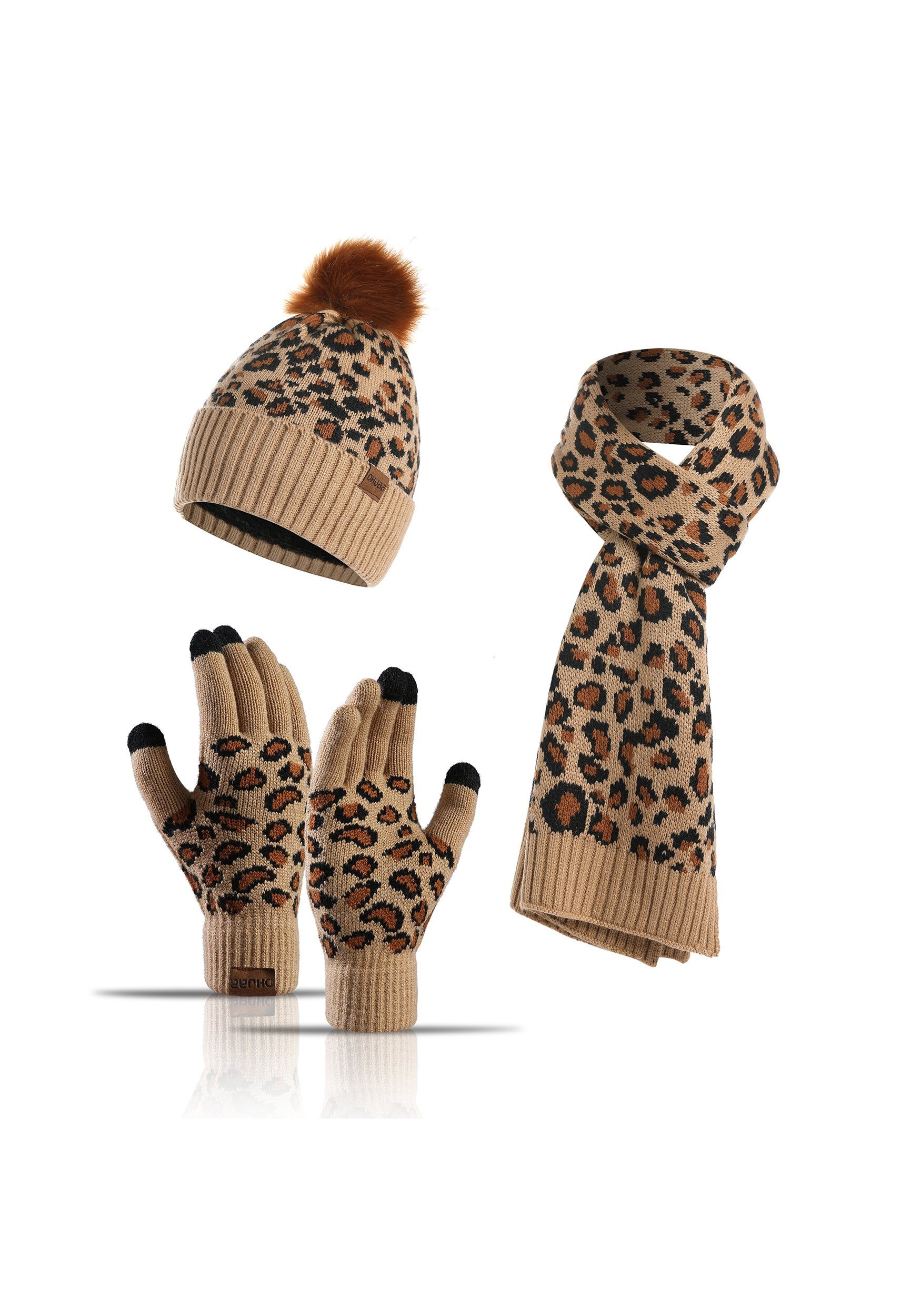 MAGICSHE Mütze Leopardenmuster & Schal Braun Handschuhe Schal Set