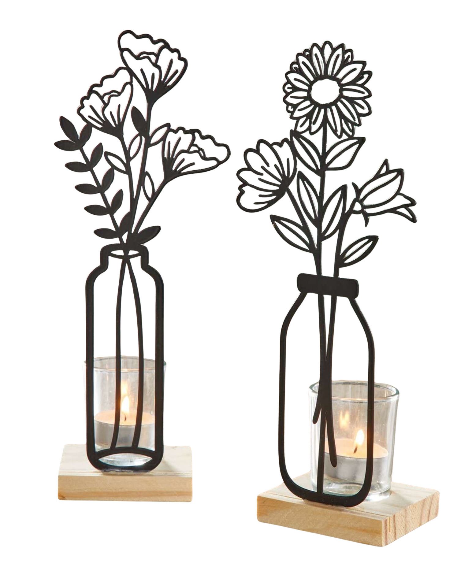 Dekoleidenschaft Настольные лампы "Metallblumen" matt schwarz, 27 cm hoch, Kerzengläser, Подсвечник (2 St., im Set), auf Holz-Sockel, Metall Deko mit Windlicht-Glas
