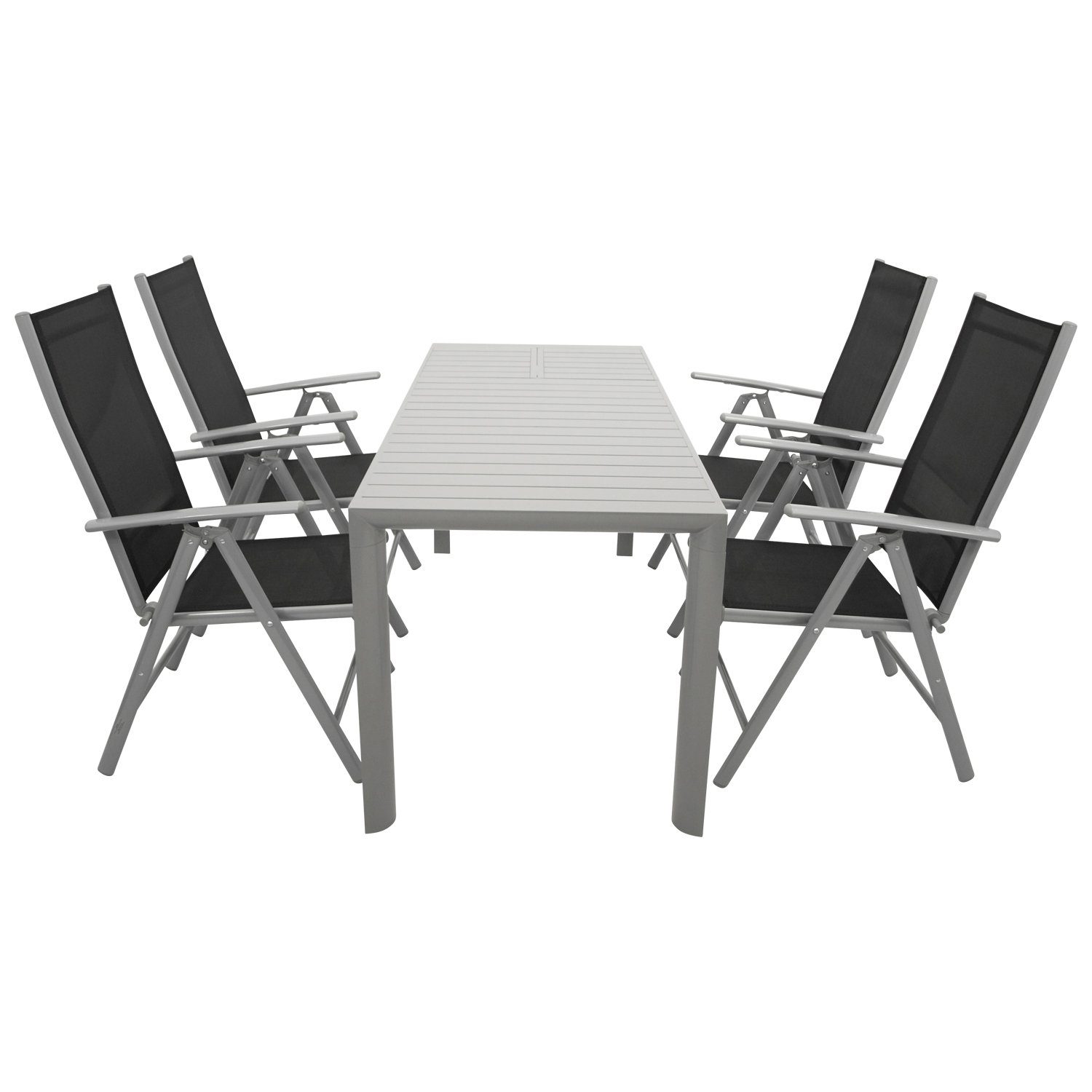 DEGAMO Garten-Essgruppe BAGO 5-teilig, 4x Klappsessel, 1x Ausziehtisch 120/162x70cm, Aluminium silbergrau