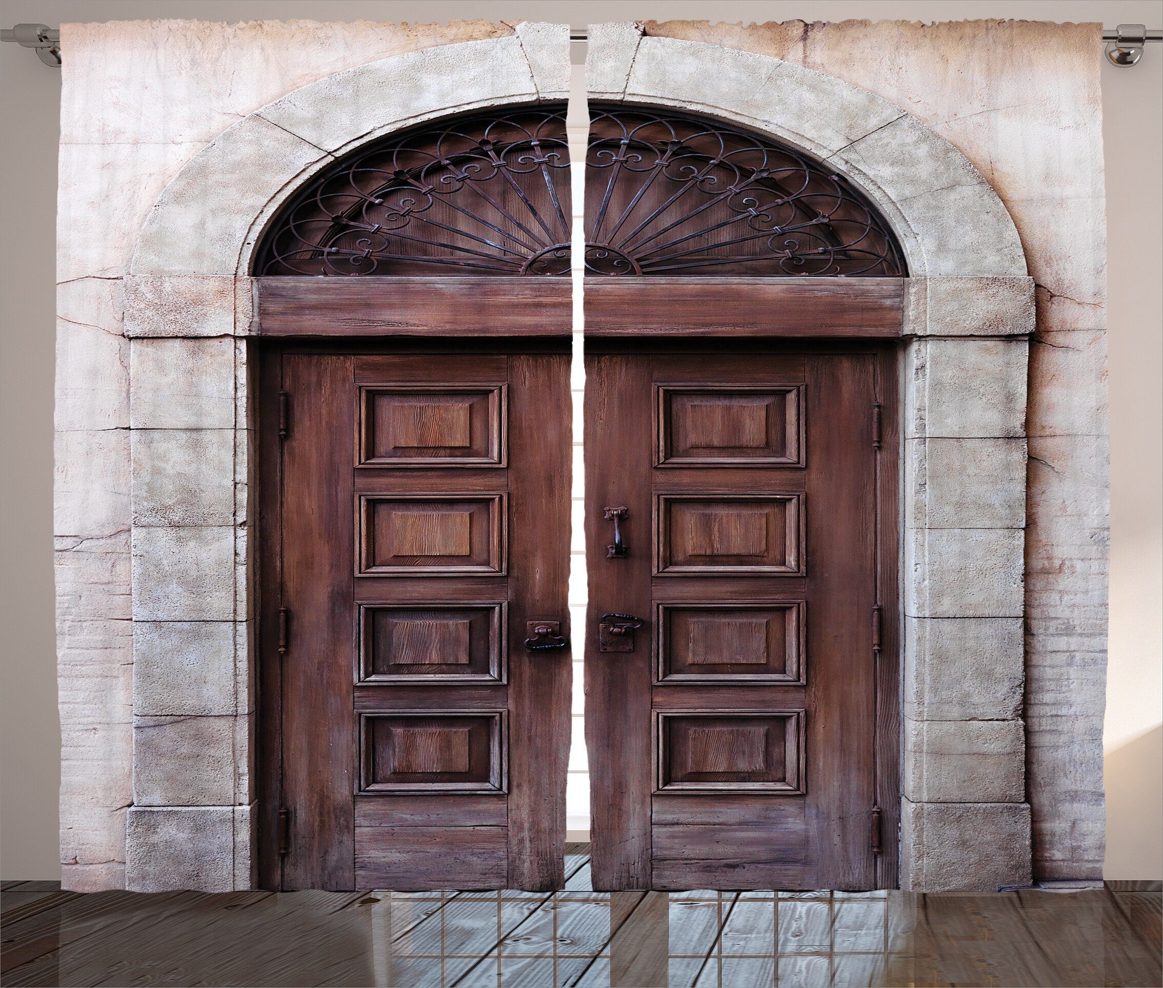 Gardine Schlafzimmer Kräuselband Vorhang mit Schlaufen und Haken, Abakuhaus, Rustikal Gewölbte Venetian Tür
