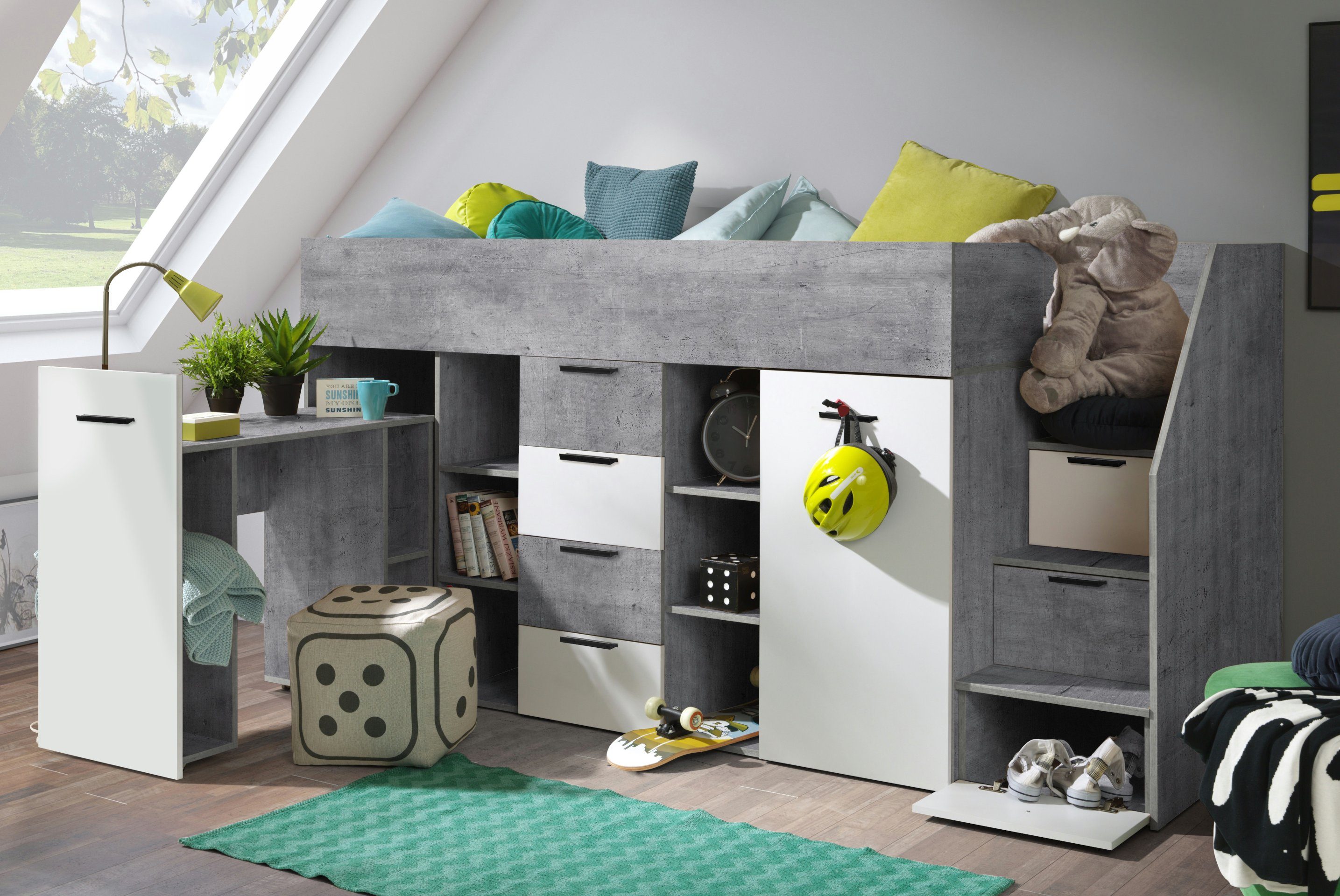 mit Kinderbett und Schubladen KON3-P, Schrank Beton/Weiß Home Hochbett Hochbett Schreibtisch, Unique