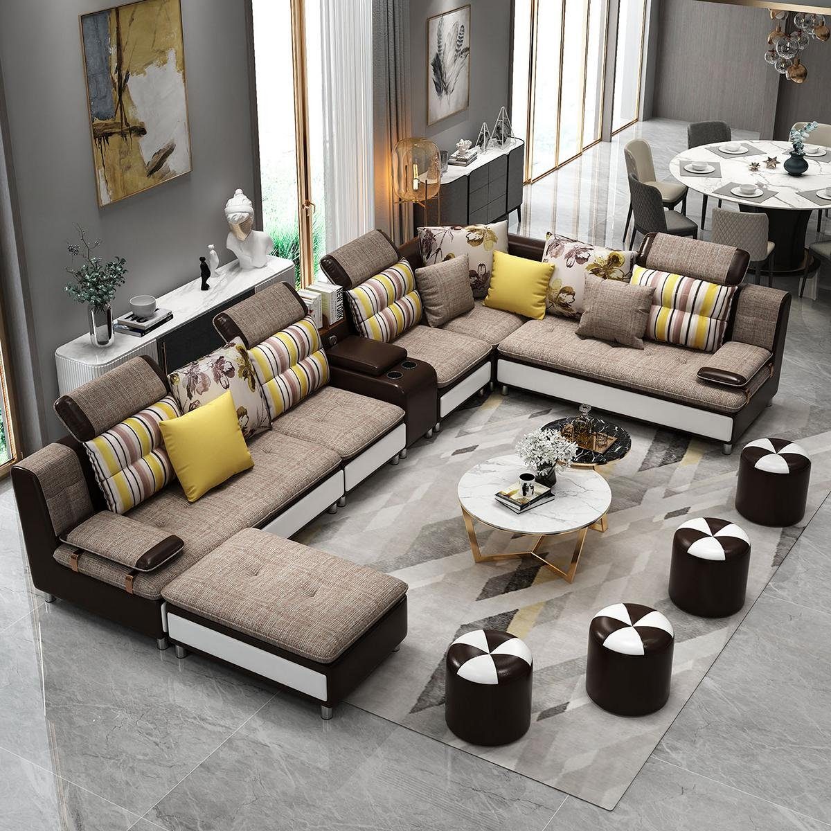 Ecksofa Made Couch Wohnlandschaft in Europe Garnitur, JVmoebel U-Form Sofa Beige Ecksofa Polster